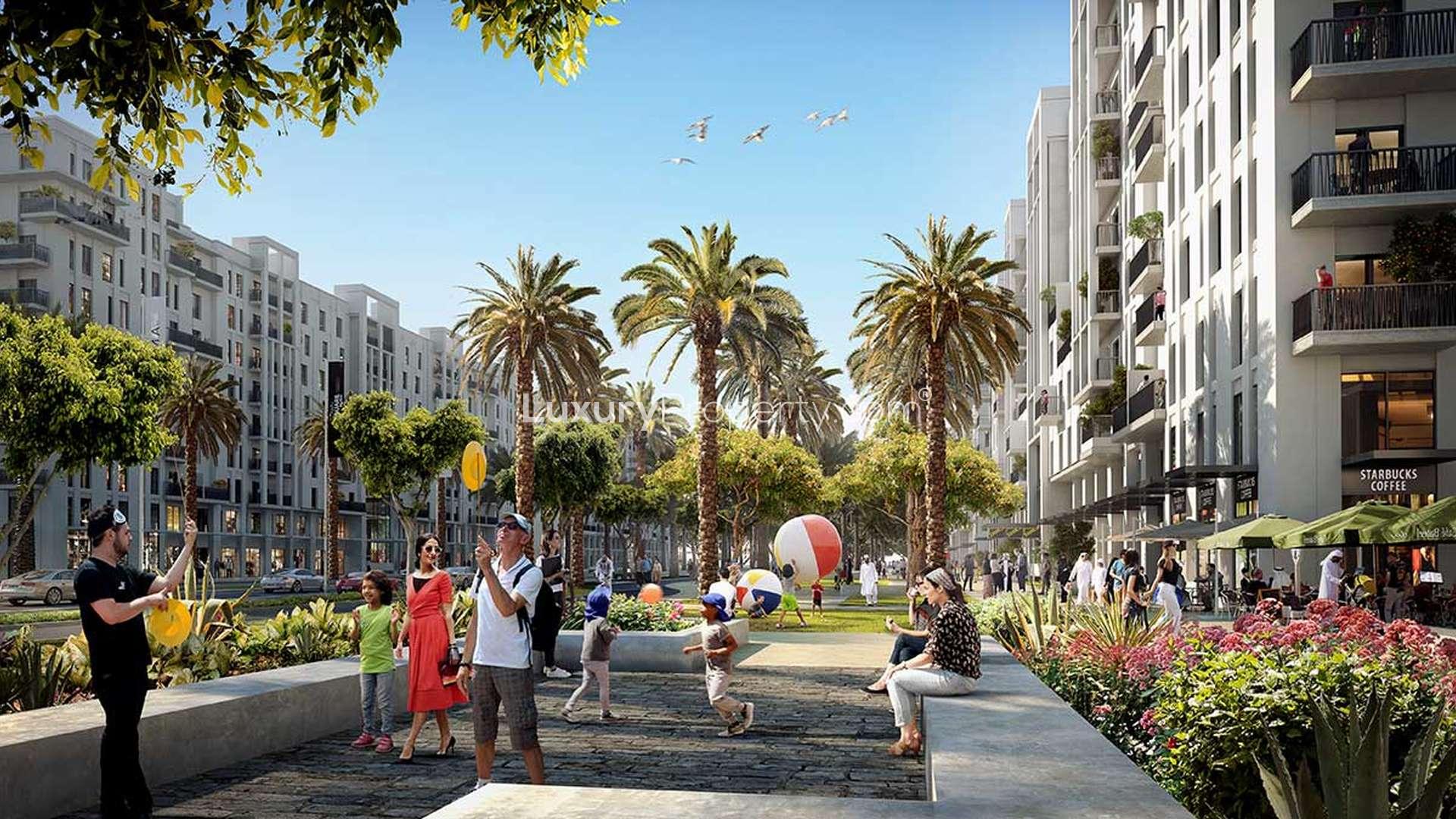 Modern apartment building with pool at Hayat Boulevard, Town Square Dubai