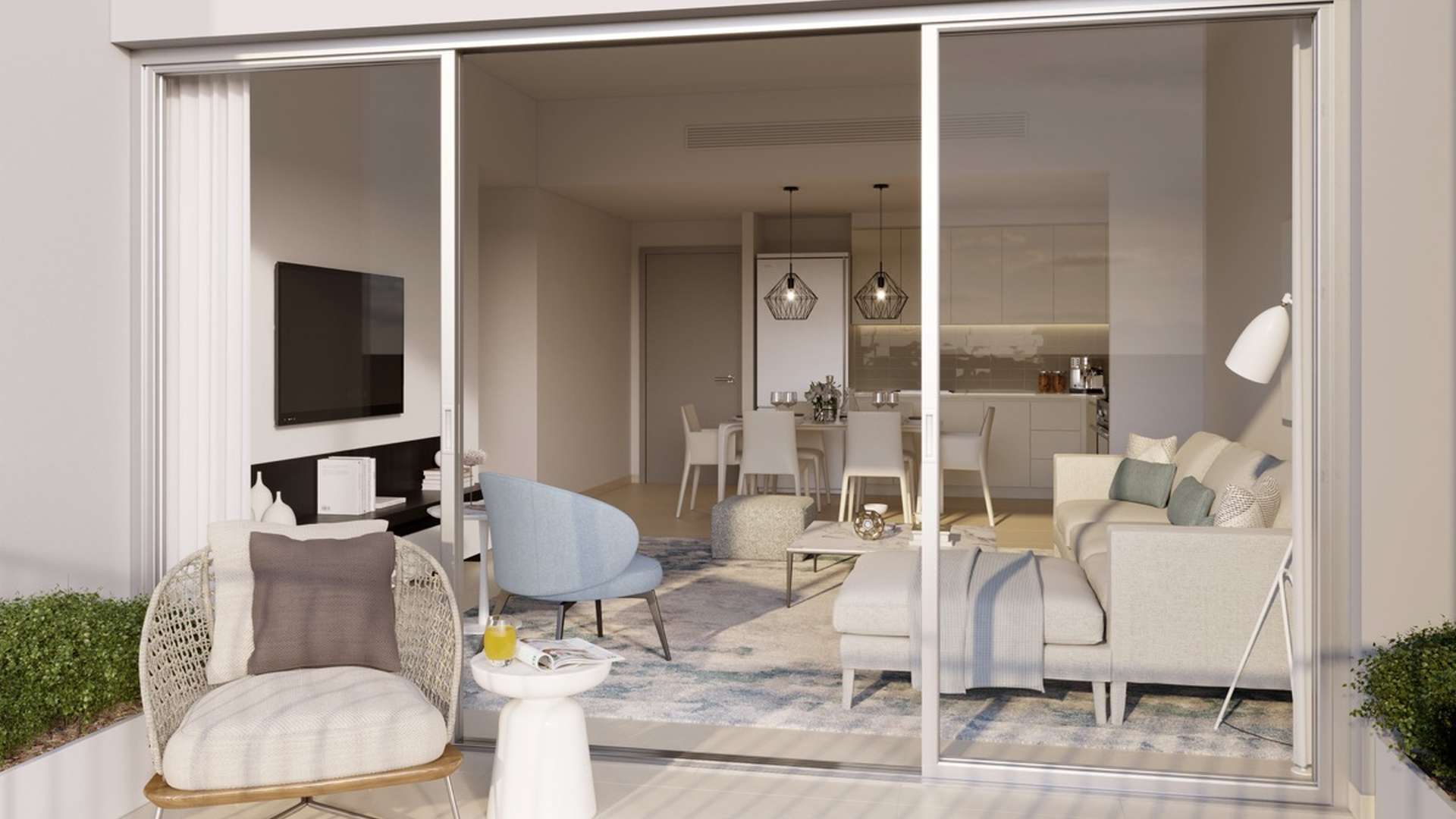 Modern bedroom in Rawda Apartments, Town Square, Dubailand with balcony view