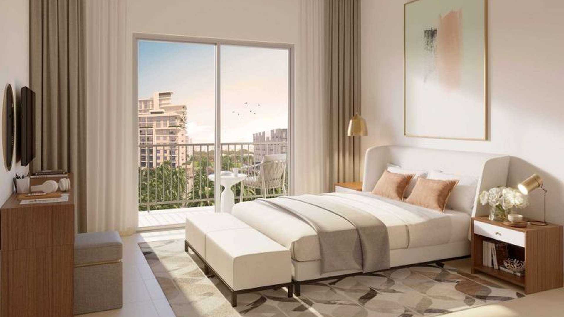 Stunning living room in two-bedroom apartment, Rawda, Town Square, Dubailand, with modern decor