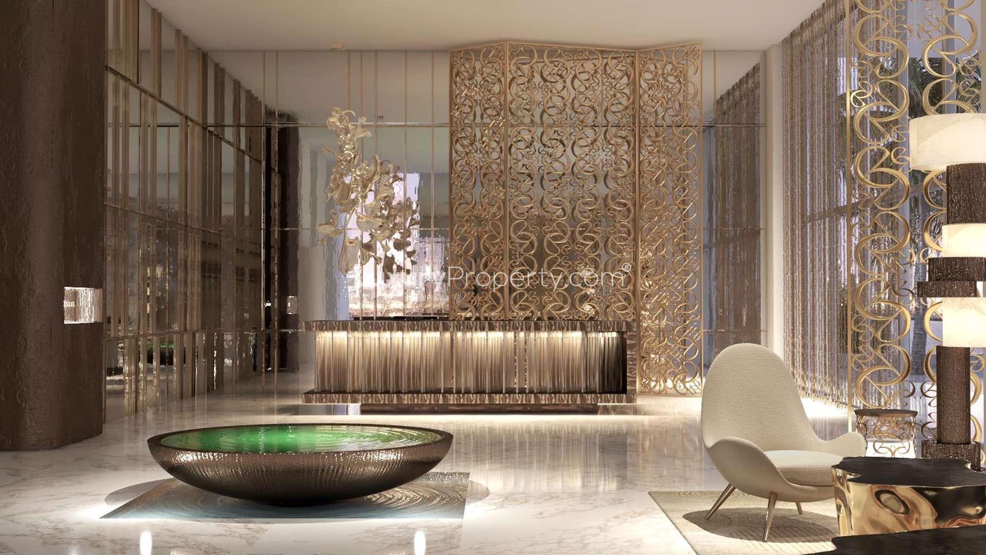 Luxurious penthouse balcony view at Emaar Beachfront, overlooking Palm Jumeirah and serene sea