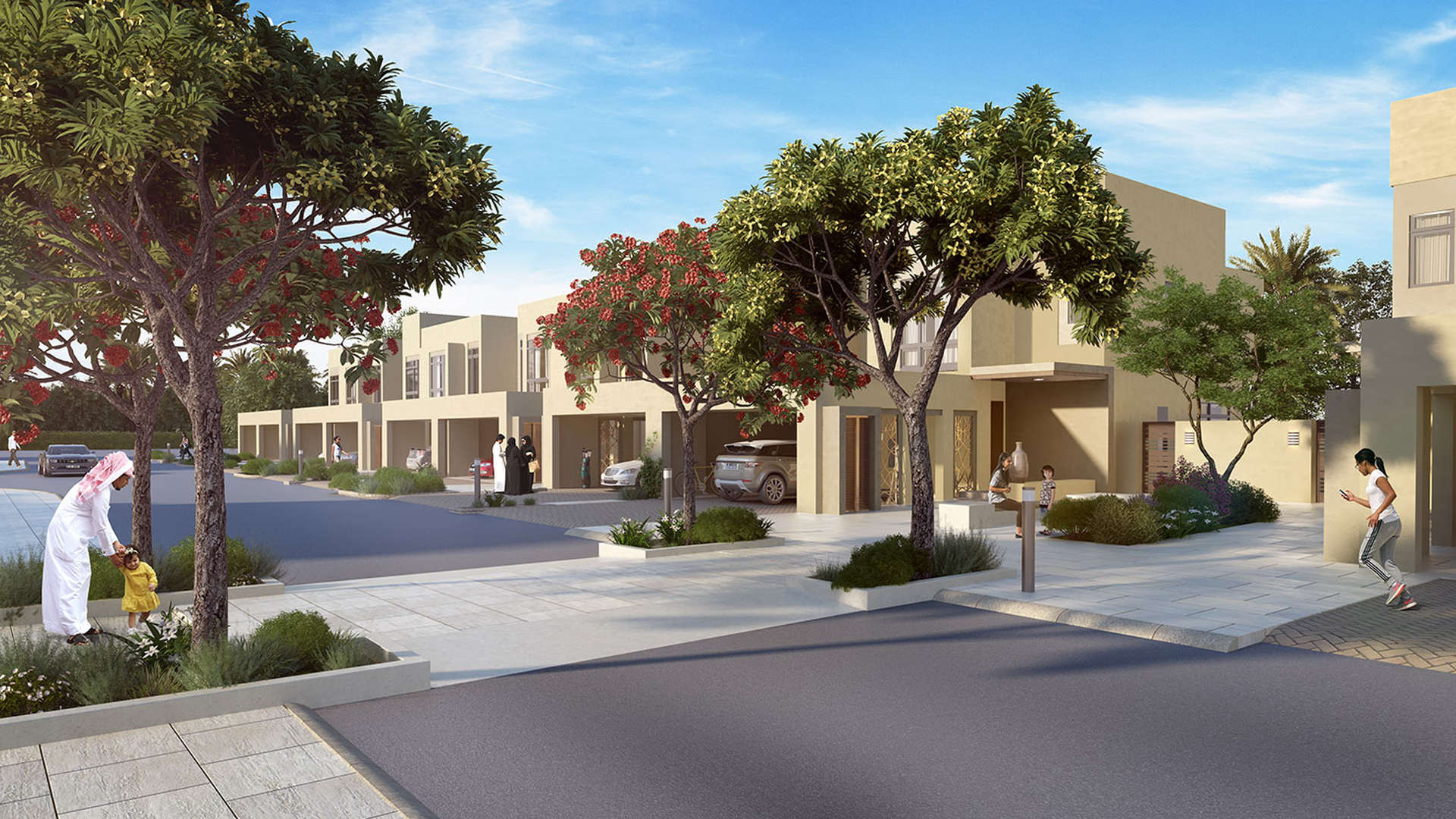 Pathway view in Noor Townhouses, Town Square, surrounded by lush greenery and modern architecture