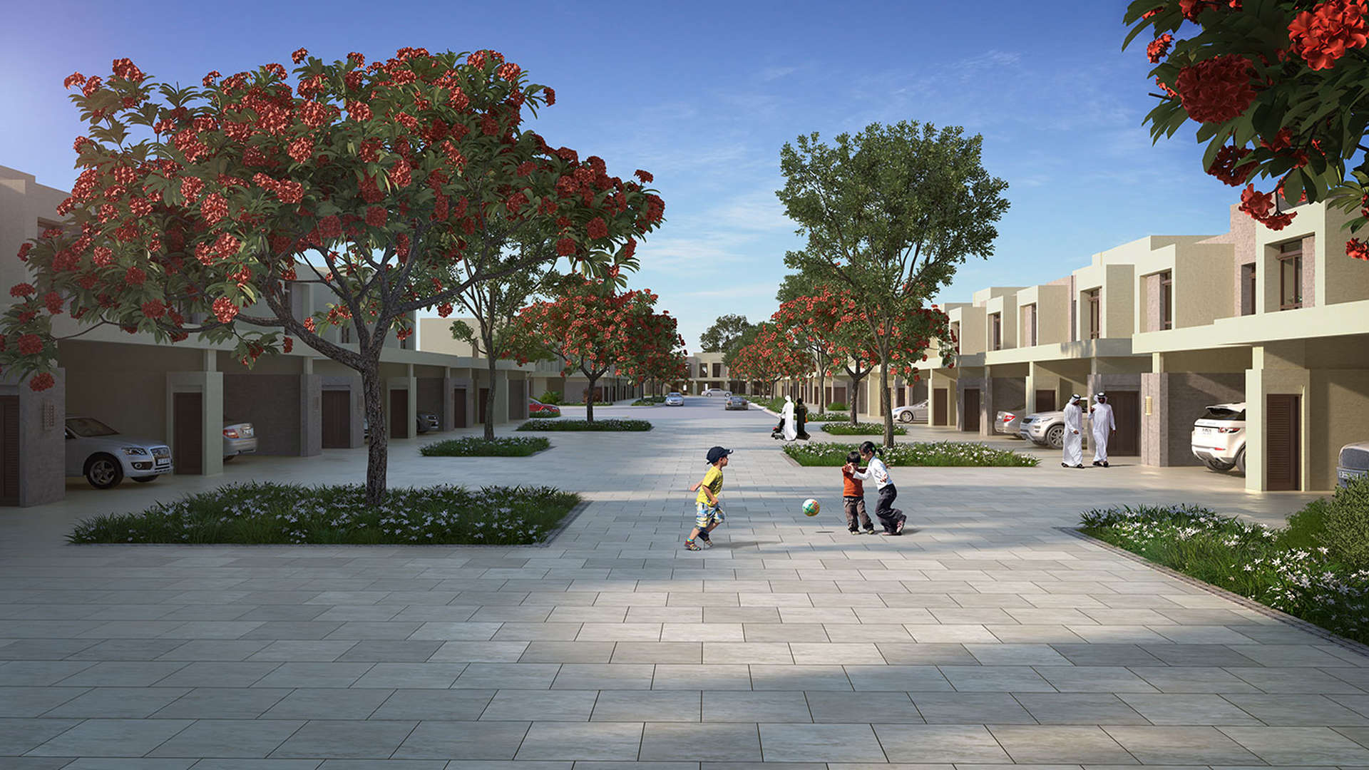 Three-bedroom townhouse exterior with landscaped garden, Noor Townhouses, Town Square community