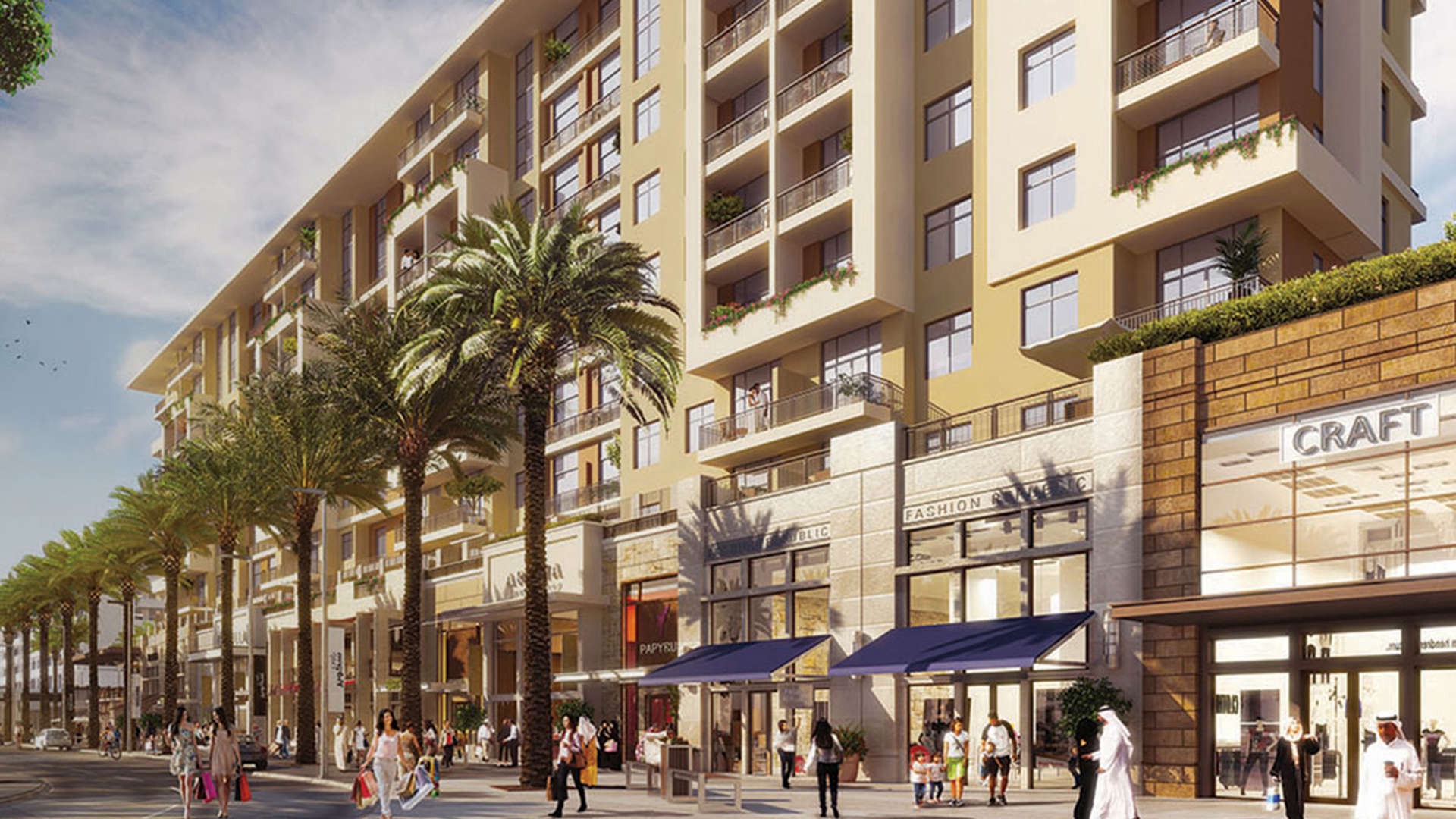 Exterior view of Jenna Apartments, Dubai Town Square, with retail shops and palm trees