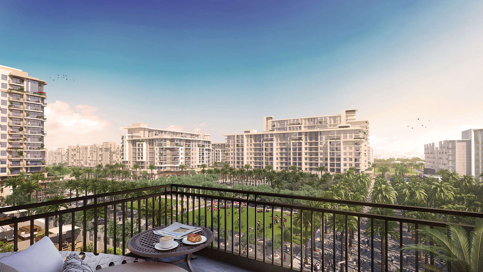 "Elegant living room in 5-bedroom duplex, Jenna Apartments, Dubai Town Square for sale.","Scenic view from balcony of Jenna Apartments in Dubai Town Square community.",Exterior view of Jenna Apartments in Town Square Dubai, featuring modern architecture and palm trees