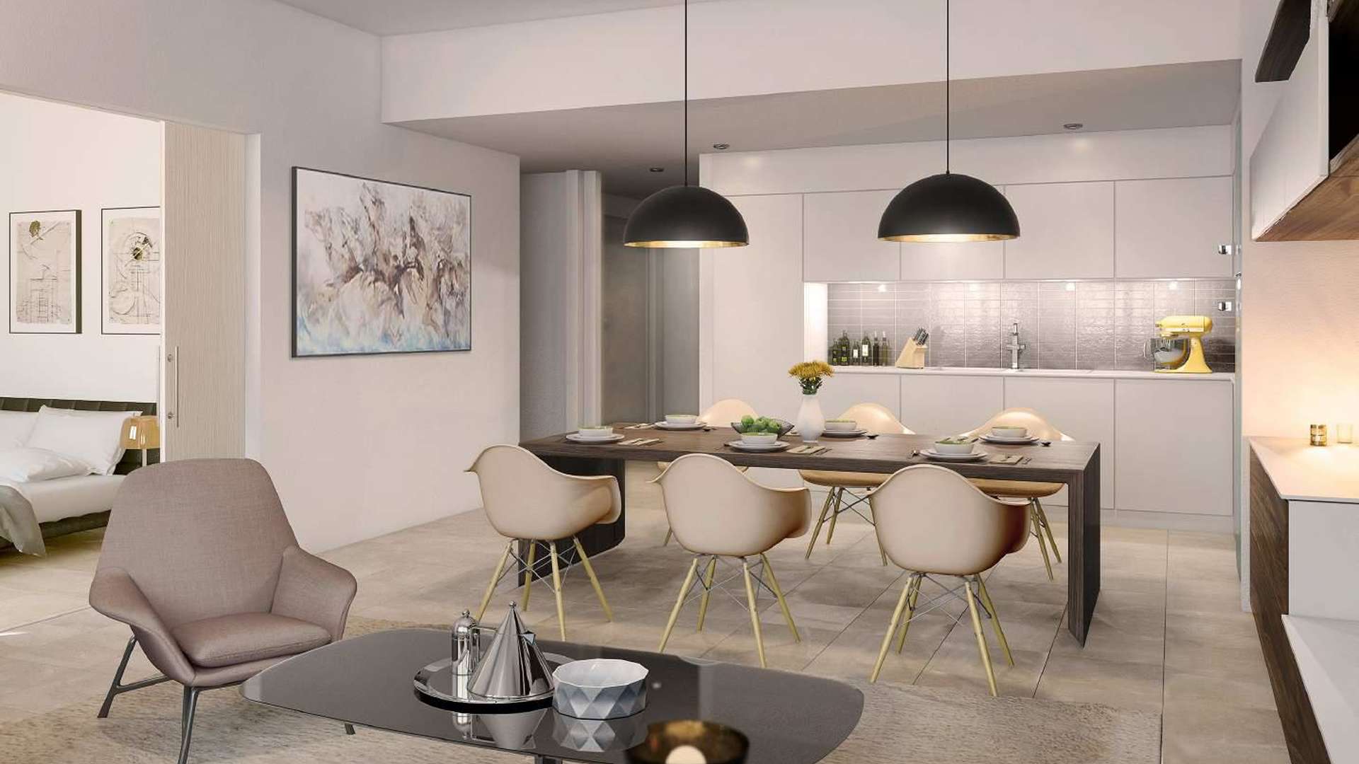 Modern dining area in 4-bedroom townhouse, Safi Townhouses, Dubai Town Square