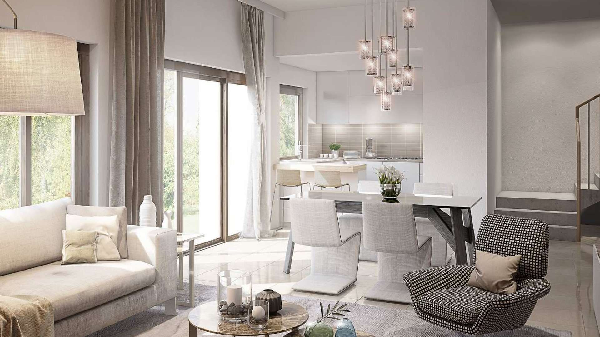 4 Bedroom Townhouse Exterior in Safi Townhouses, Dubai Town Square with Families Outdoors,Elegant living and dining area in Safi Townhouses, Dubai Town Square townhouse for sale