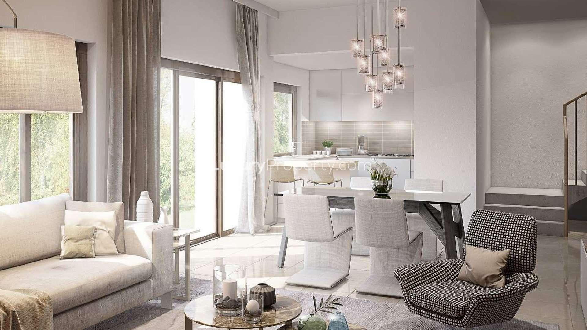 Elegant Safi Townhouse exterior with carport, Dubai Town Square, 3 bedrooms, 4 bathrooms