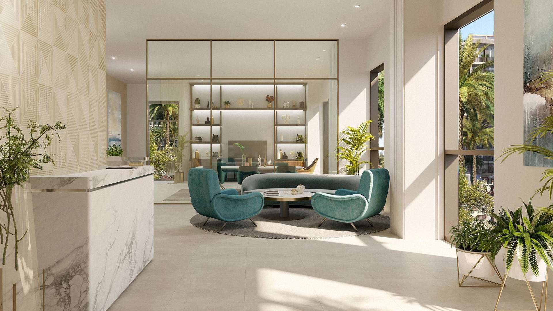 Modern living room in 1-bed apartment, Summer Creek Beach, Dubai Creek Harbour. Bright and stylish