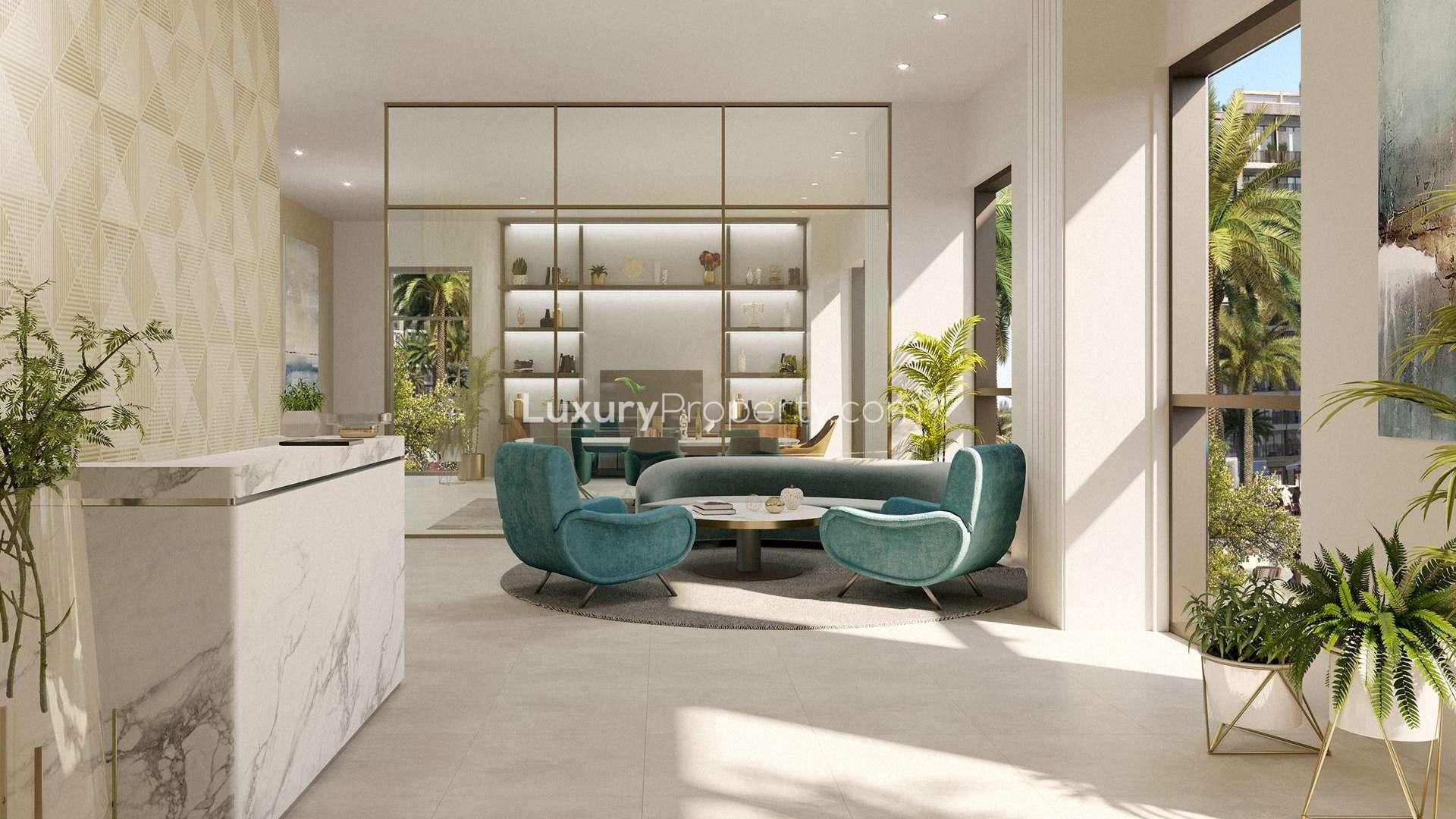 Elegant living room in 2-bed apartment, Summer Creek Beach, Dubai Creek Harbour