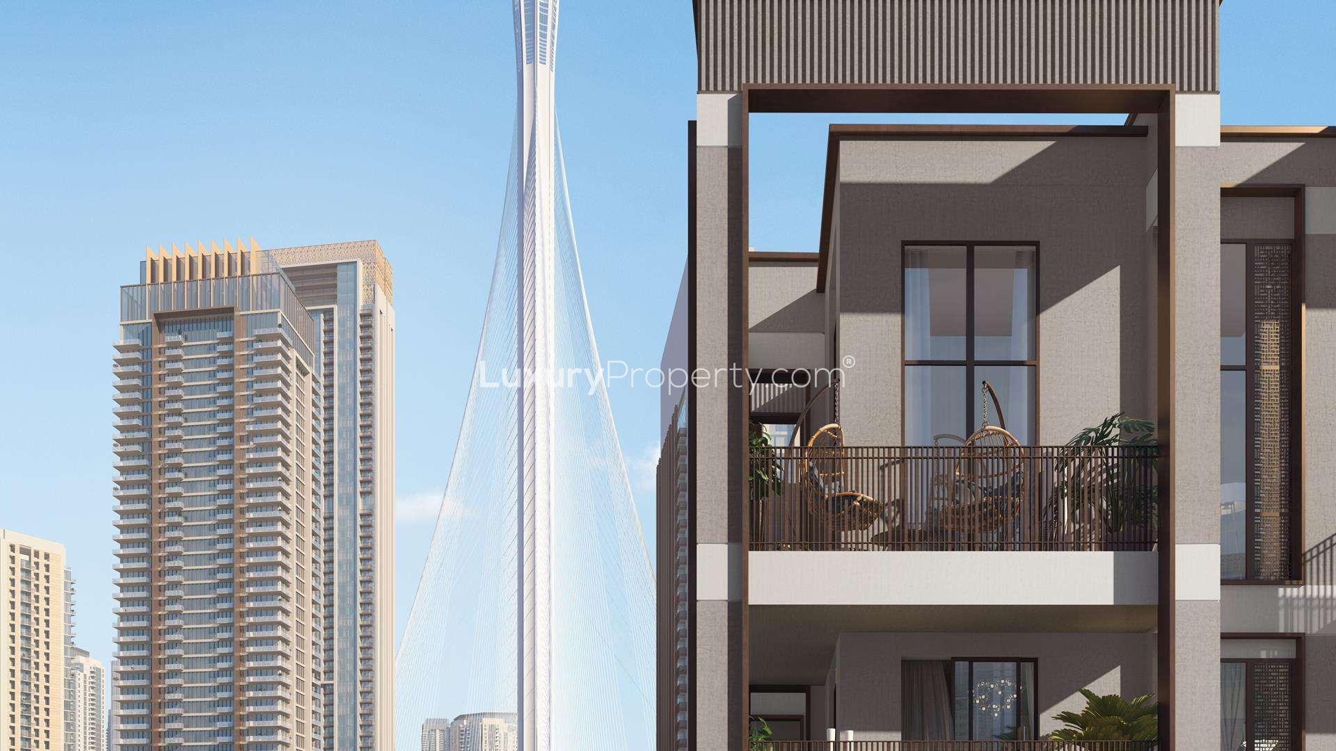Luxurious bedroom in two-bedroom apartment, Summer at Dubai Creek Beach, with city view balcony