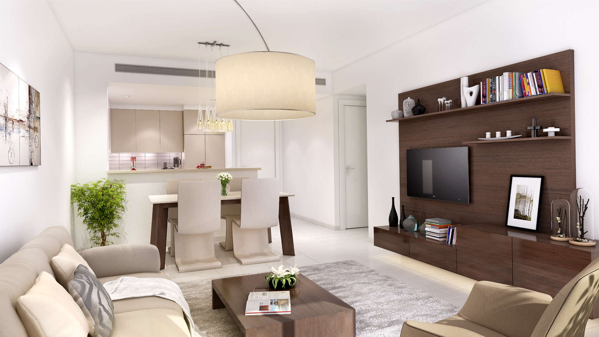 Living room in three-bedroom apartment, Zahra Breeze, Dubai Town Square, modern decor, balcony view