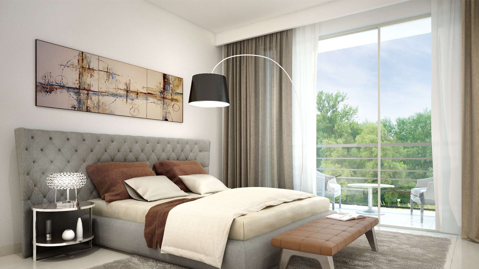 Modern living room in three-bedroom Zahra Breeze apartment, Dubai Town Square for sale