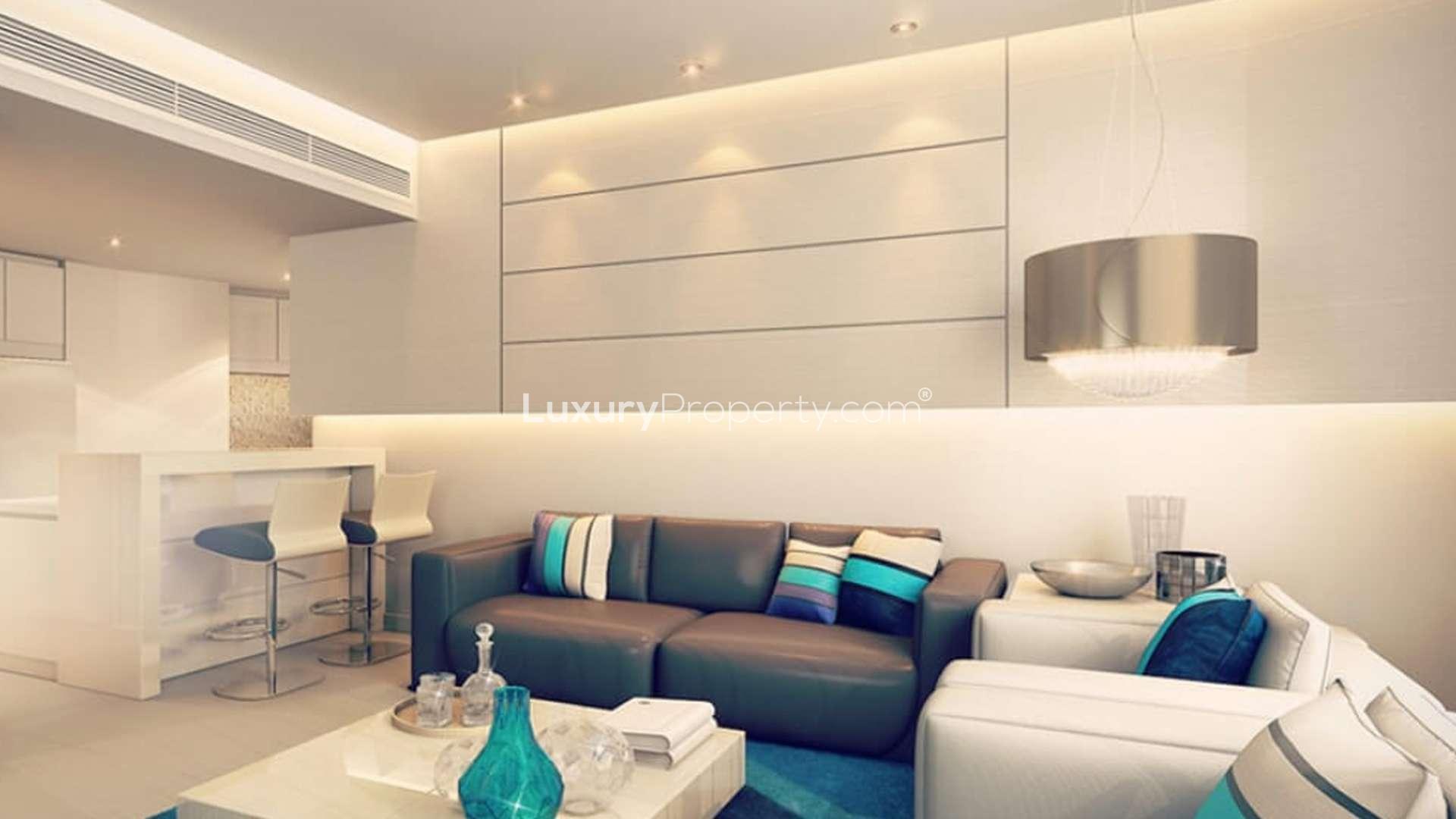 Luxury living room in 1-bedroom apartment at Merano Tower, Business Bay, for sale