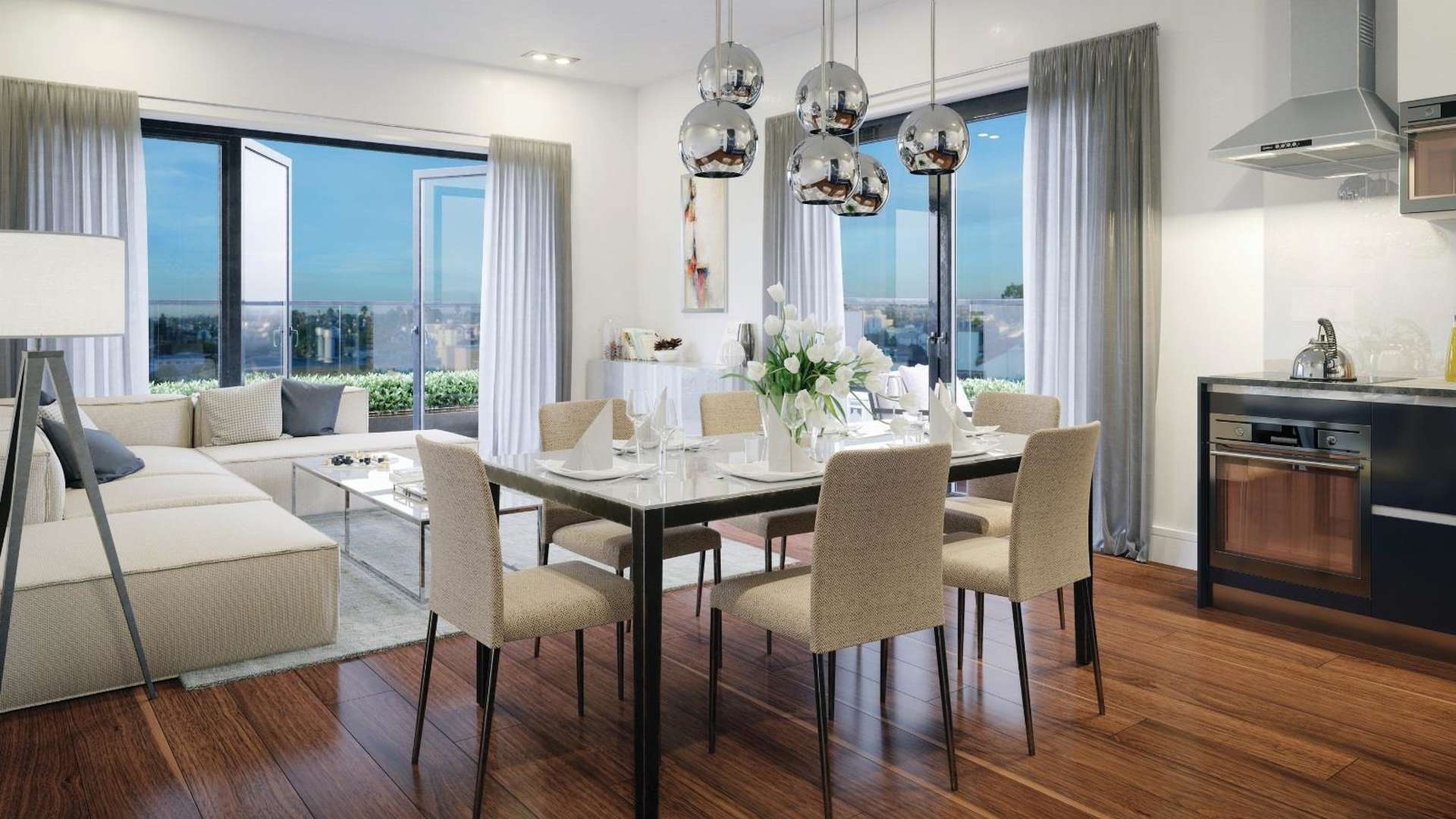 Modern kitchen in 3-bedroom apartment for sale, Wimbledon, London. Sleek cabinets and appliances