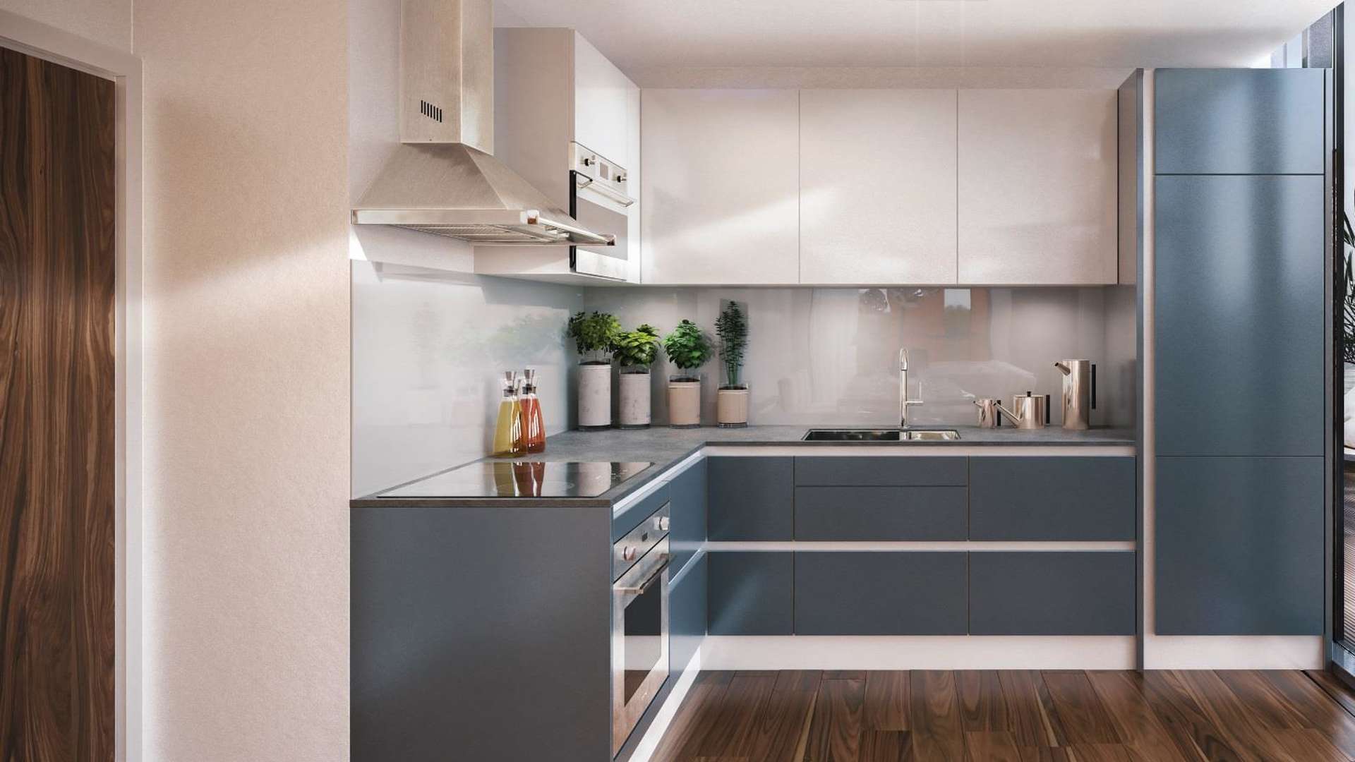 Modern kitchen and dining area in 2-bedroom apartment at Stadia Three, Wimbledon, London