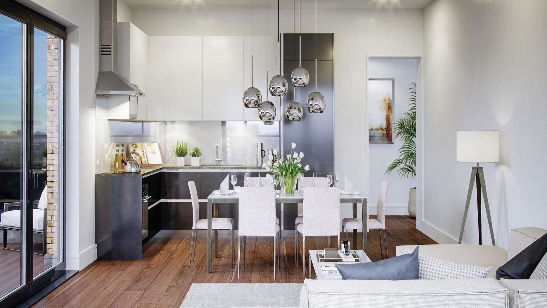 Modern open-plan living and dining area in Stadia Three apartment, Wimbledon, London