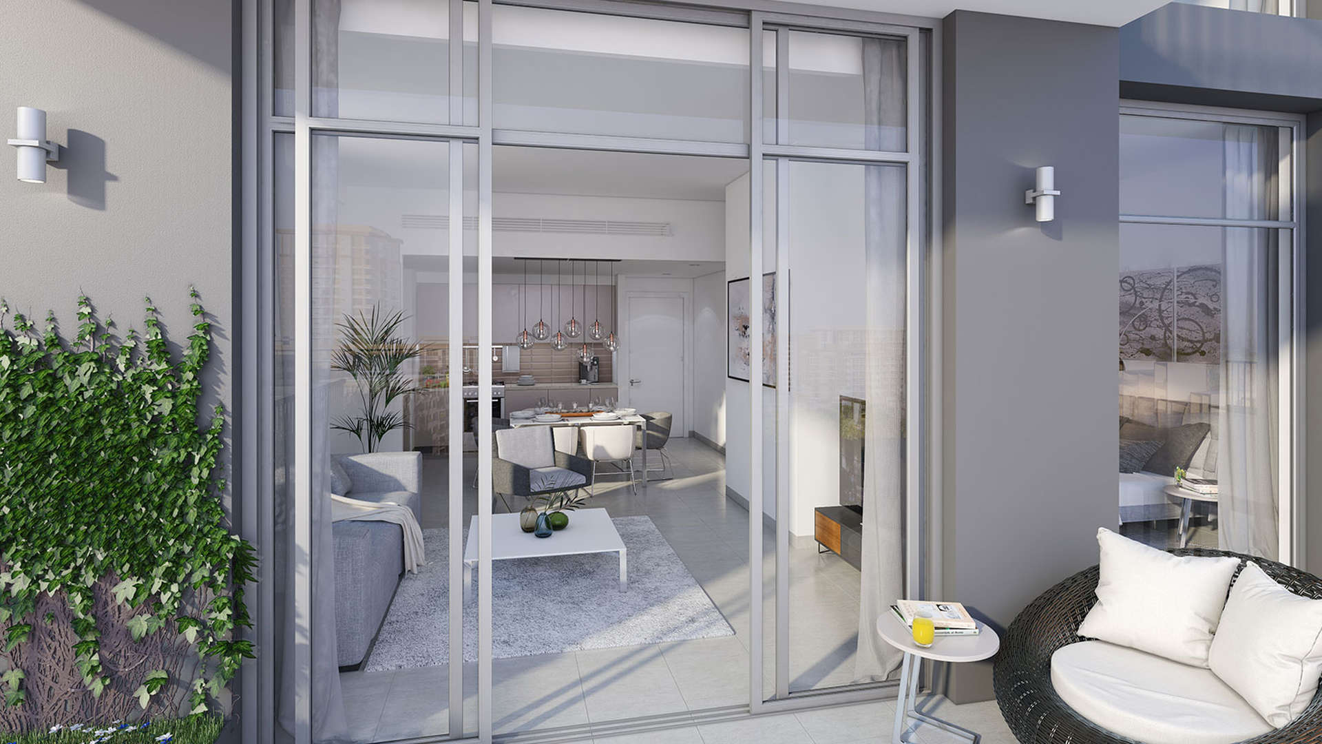 Modern living room and balcony view in Warda Apartments, Dubai Town Square residence