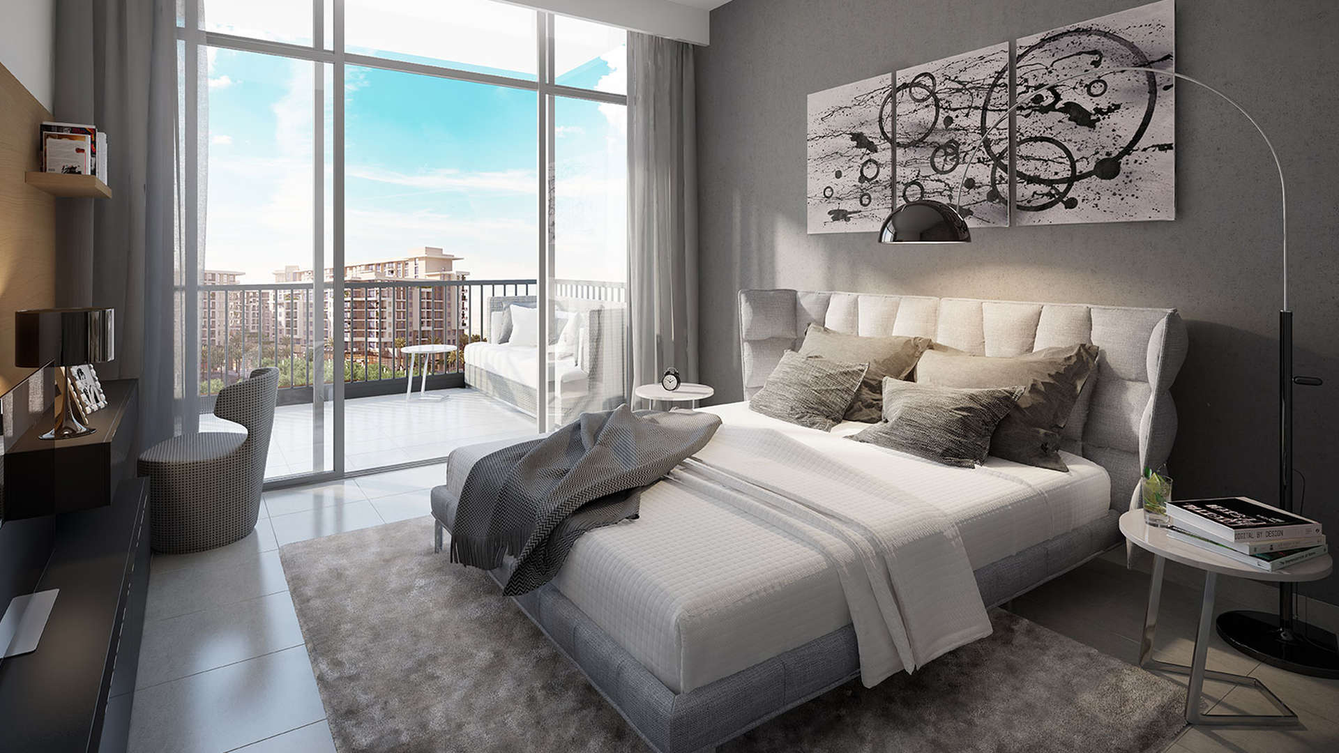 Modern bedroom in Warda Apartments, Dubai Town Square with balcony and stylish decor