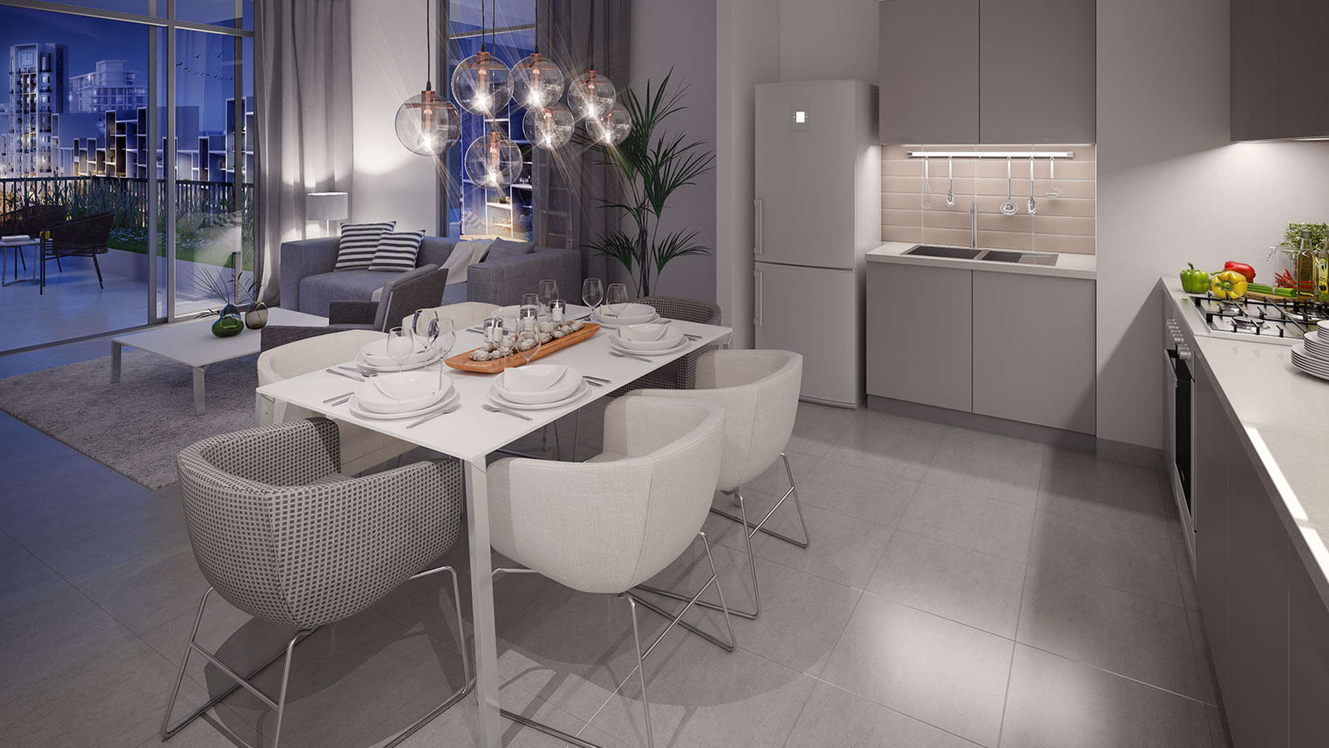 "Modern Warda Apartments exterior view with palm-lined street, Town Square Dubai.",Modern kitchen and dining area in Warda Apartments, Dubai Town Square, stylishly furnished