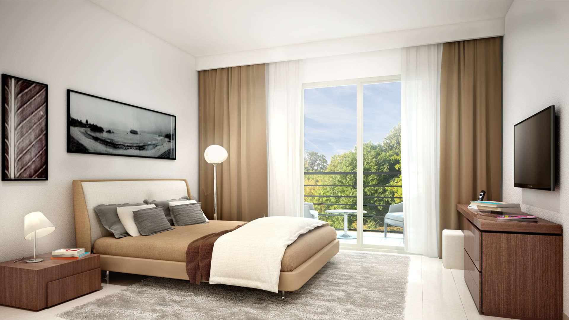 Modern dining and kitchen area in Safi Apartments, Town Square Dubai. Luxurious 3-bedroom layout