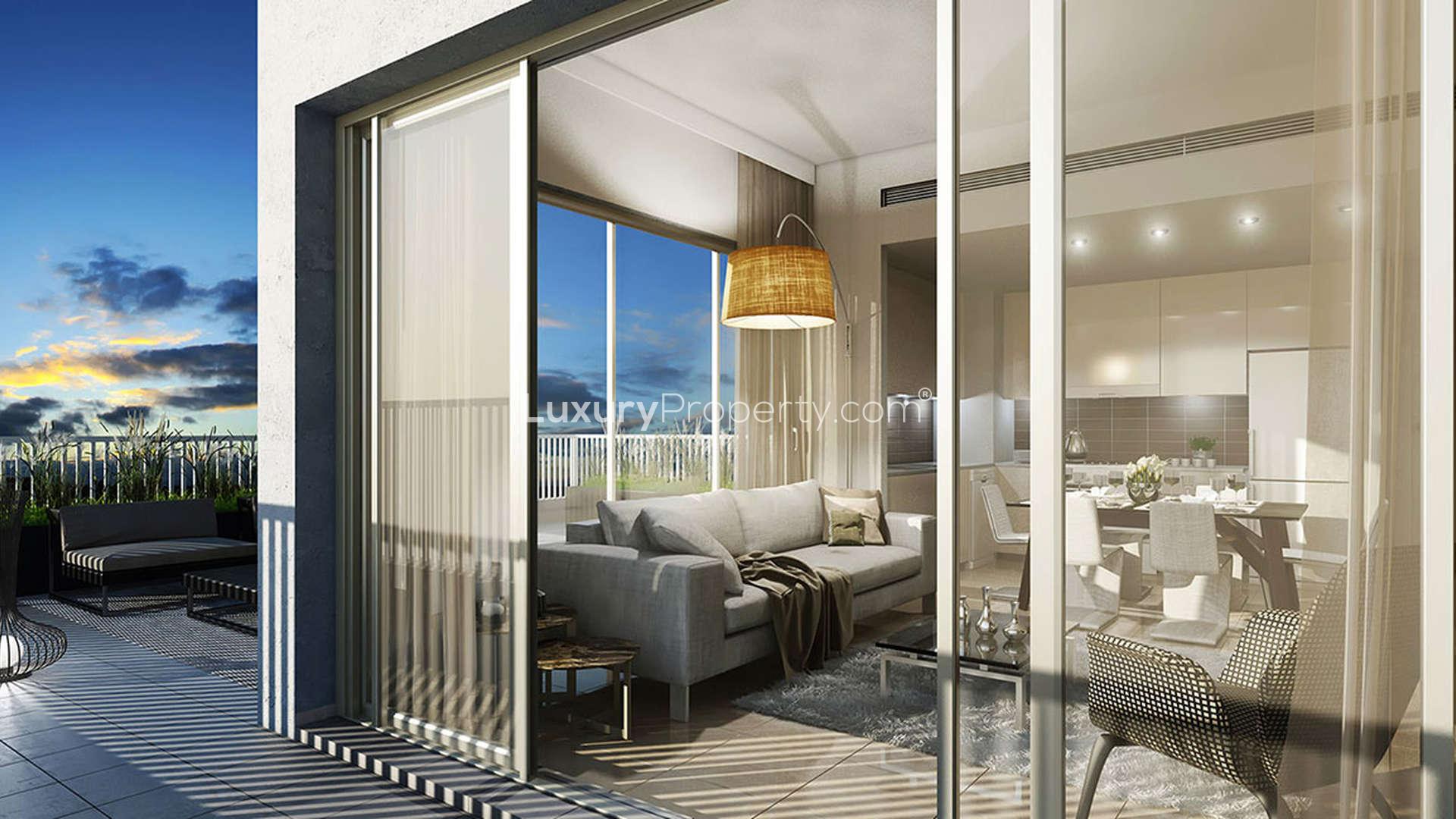 Luxurious outdoor seating area at Safi Apartments, Town Square Dubai, for sale