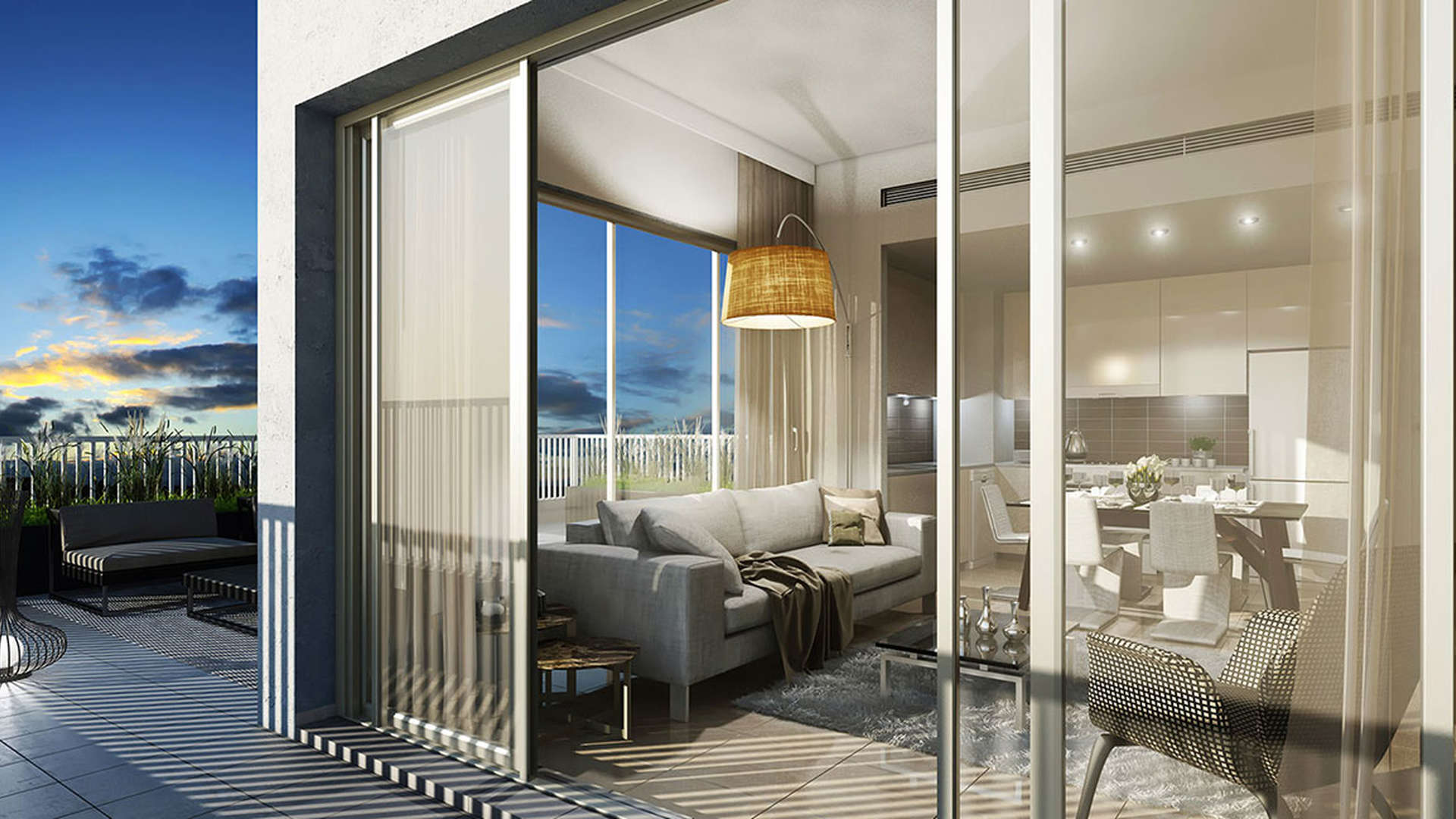 Luxurious outdoor seating area at Safi Apartments, Town Square Dubai, for sale