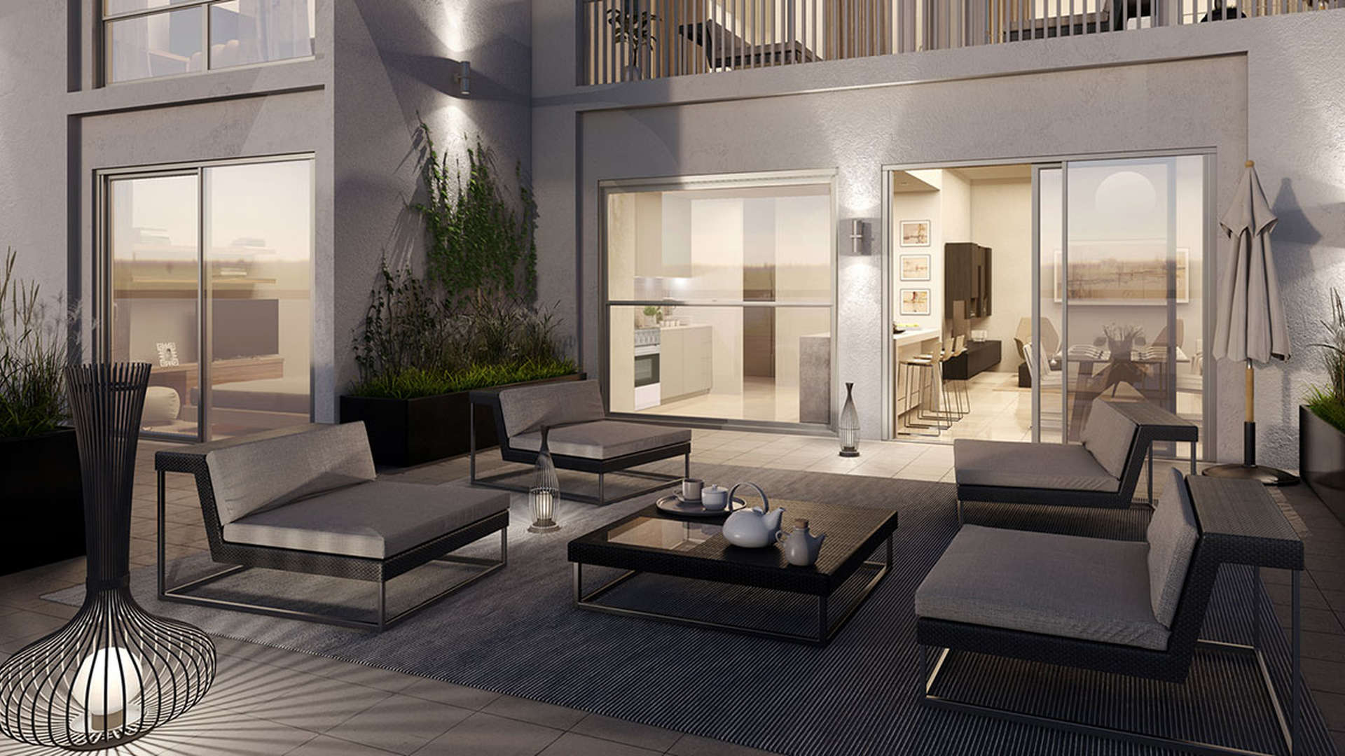 Luxurious bedroom in Safi Apartments, Town Square Dubai, with modern decor and balcony view