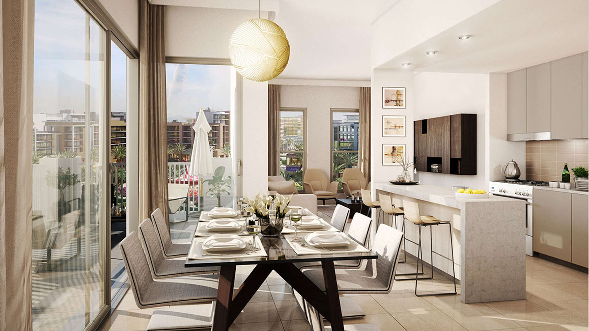 Contemporary living room in two-bedroom apartment, Safi Apartments, Town Square Dubai