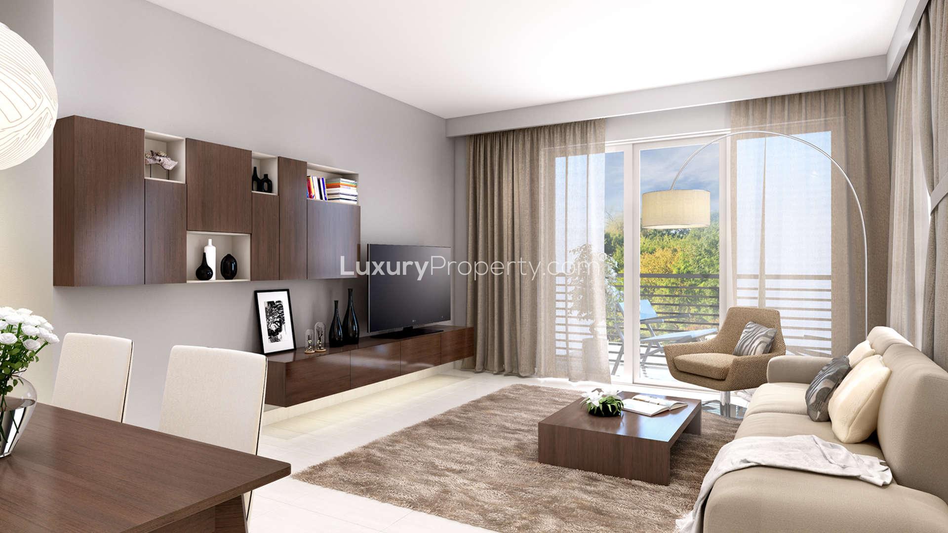 Contemporary living room in two-bedroom apartment, Safi Apartments, Town Square Dubai, for sale
