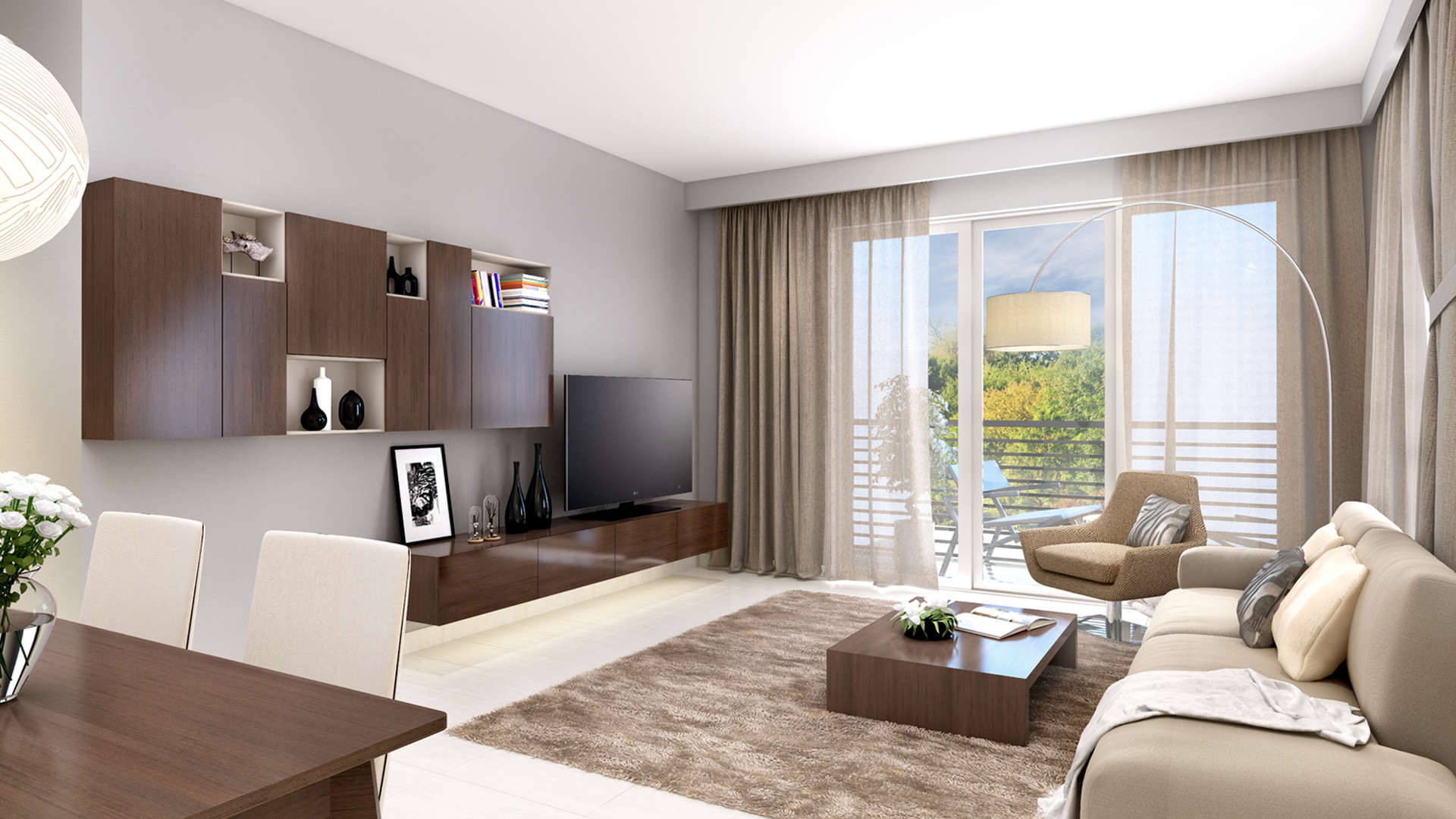 Contemporary living room in two-bedroom apartment, Safi Apartments, Town Square Dubai, for sale