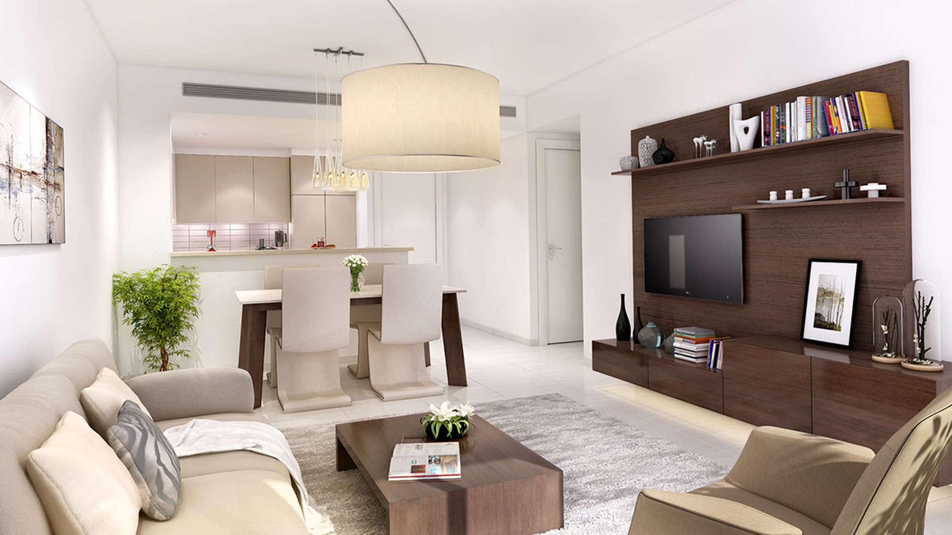 Contemporary living room and kitchen in Safi Apartments, Town Square Dubai, for sale