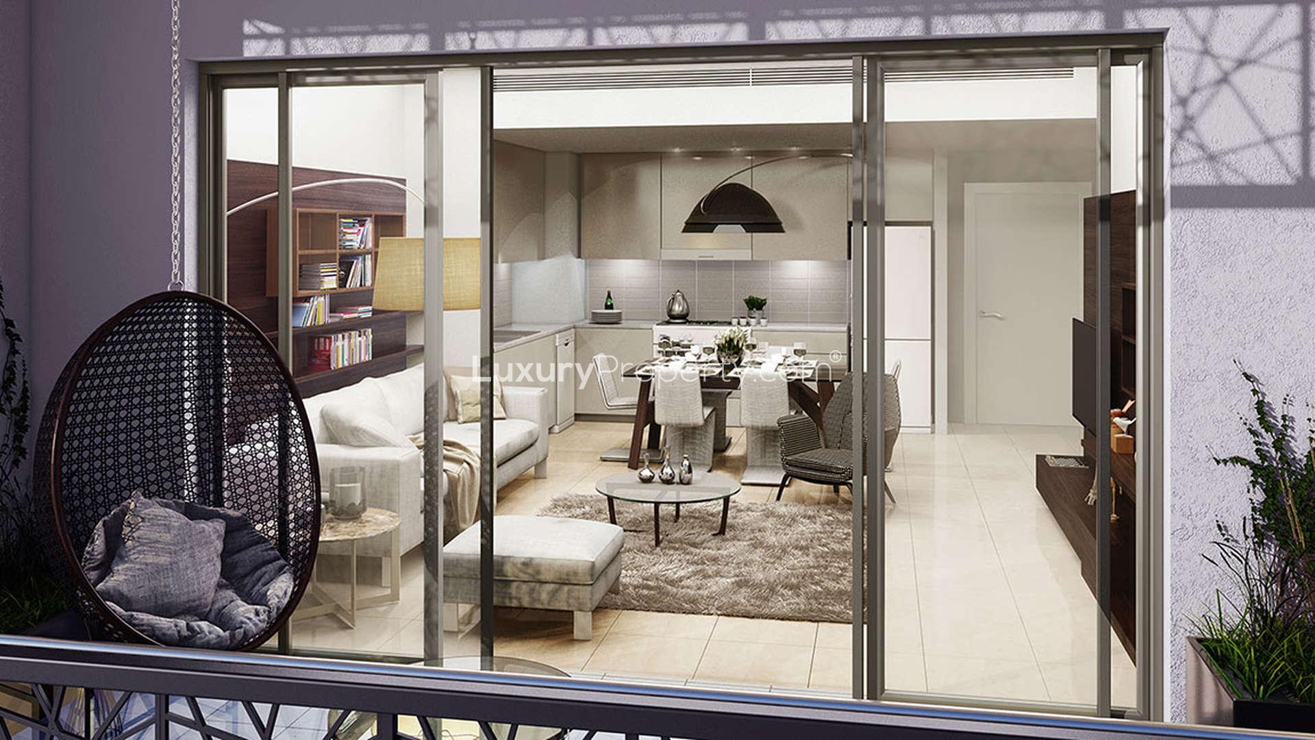 Stylish bedroom in Safi Apartments, Town Square with modern decor and balcony view