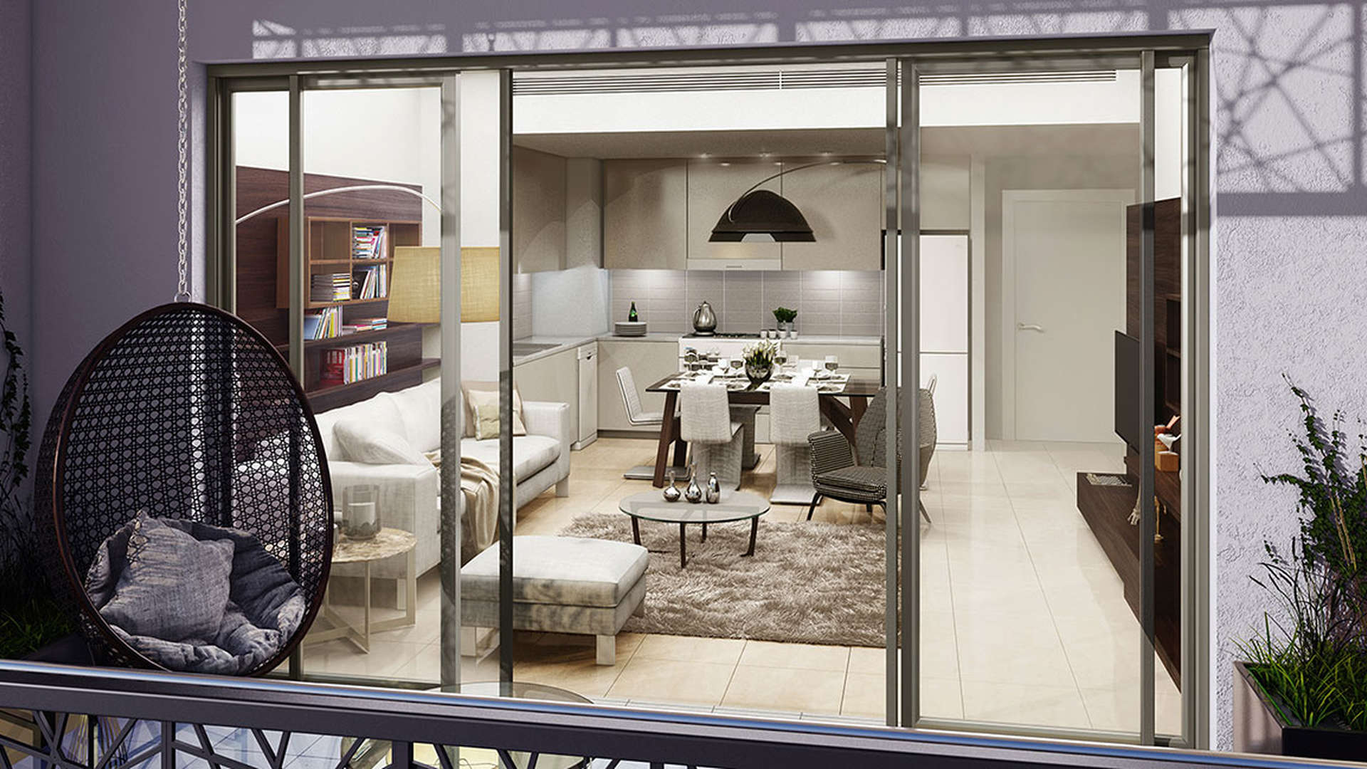 Stylish bedroom in Safi Apartments, Town Square with modern decor and balcony view