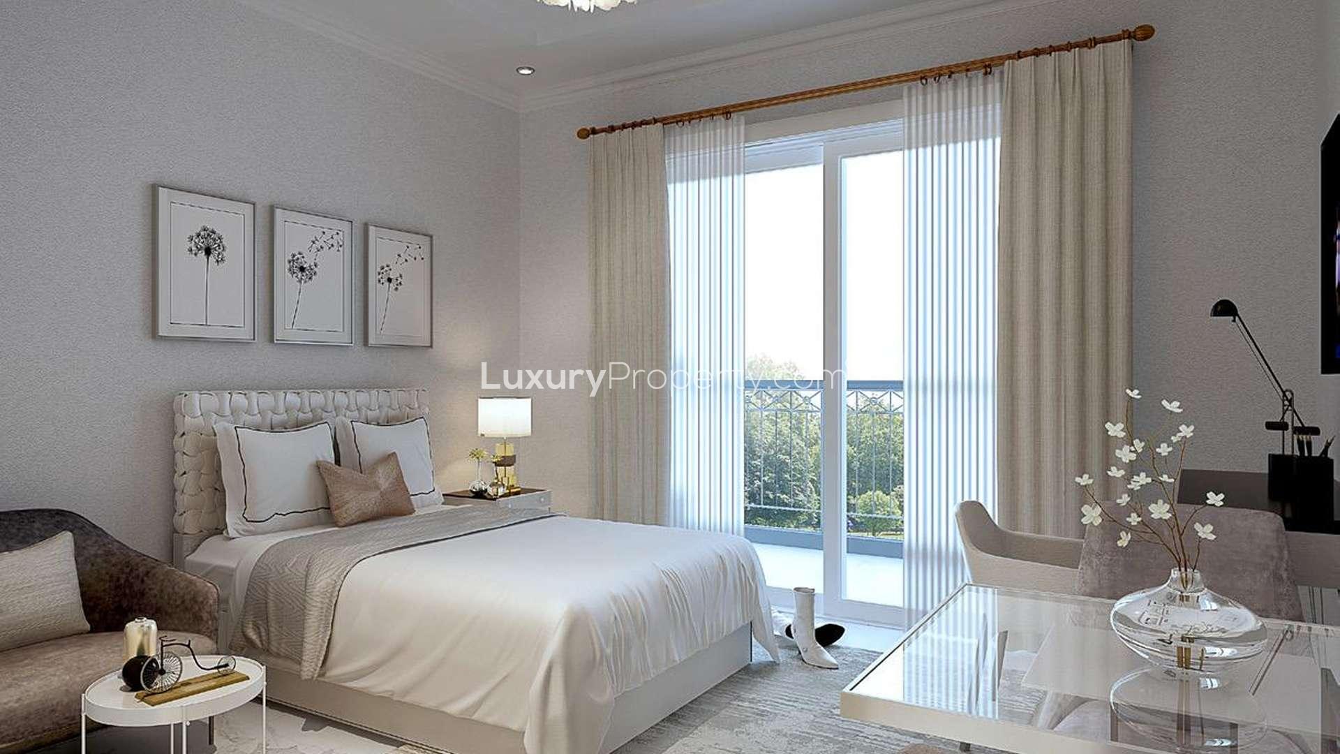 "Cozy bedroom view from balcony in Vincitore Benessere two-bedroom apartment, Arjan.",Luxurious bedroom in two-bedroom apartment, Vincitore Benessere, Arjan, for sale