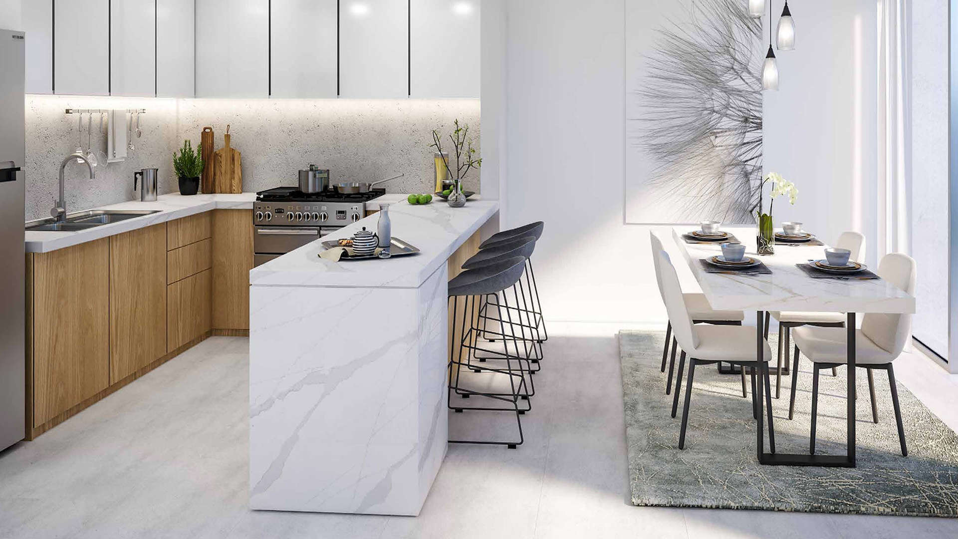 Modern kitchen and dining area in three-bedroom townhouse, Villanova, Dubailand