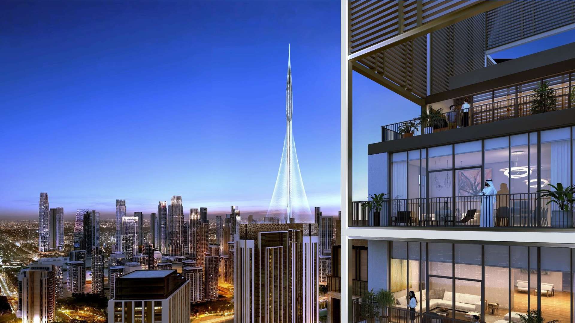 Luxury master bedroom with balcony view in Creek Edge, Dubai Creek Harbour apartment