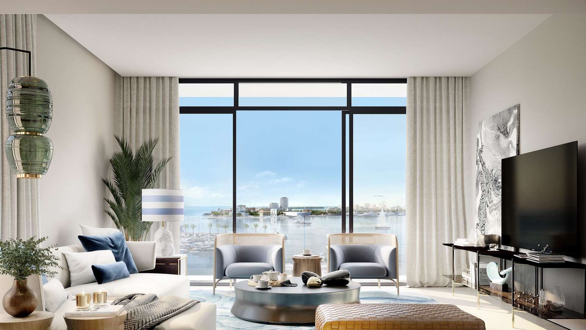 Couple enjoying marina view from apartment balcony at Sirdhana, Mina Rashid by Emaar