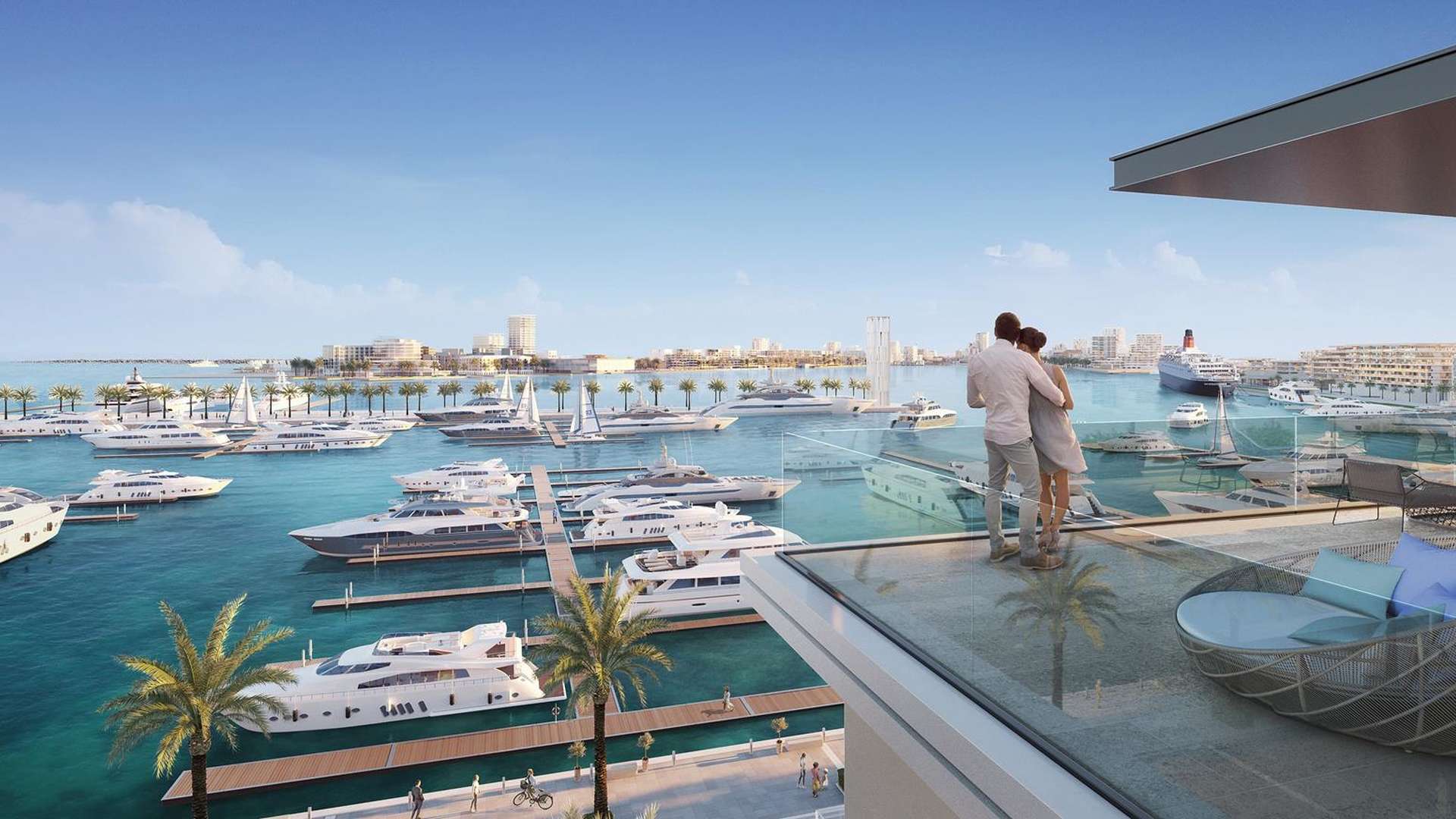 Contemporary waterfront apartment buildings in Mina Rashid, Sirdhana, with yachts and palm trees
