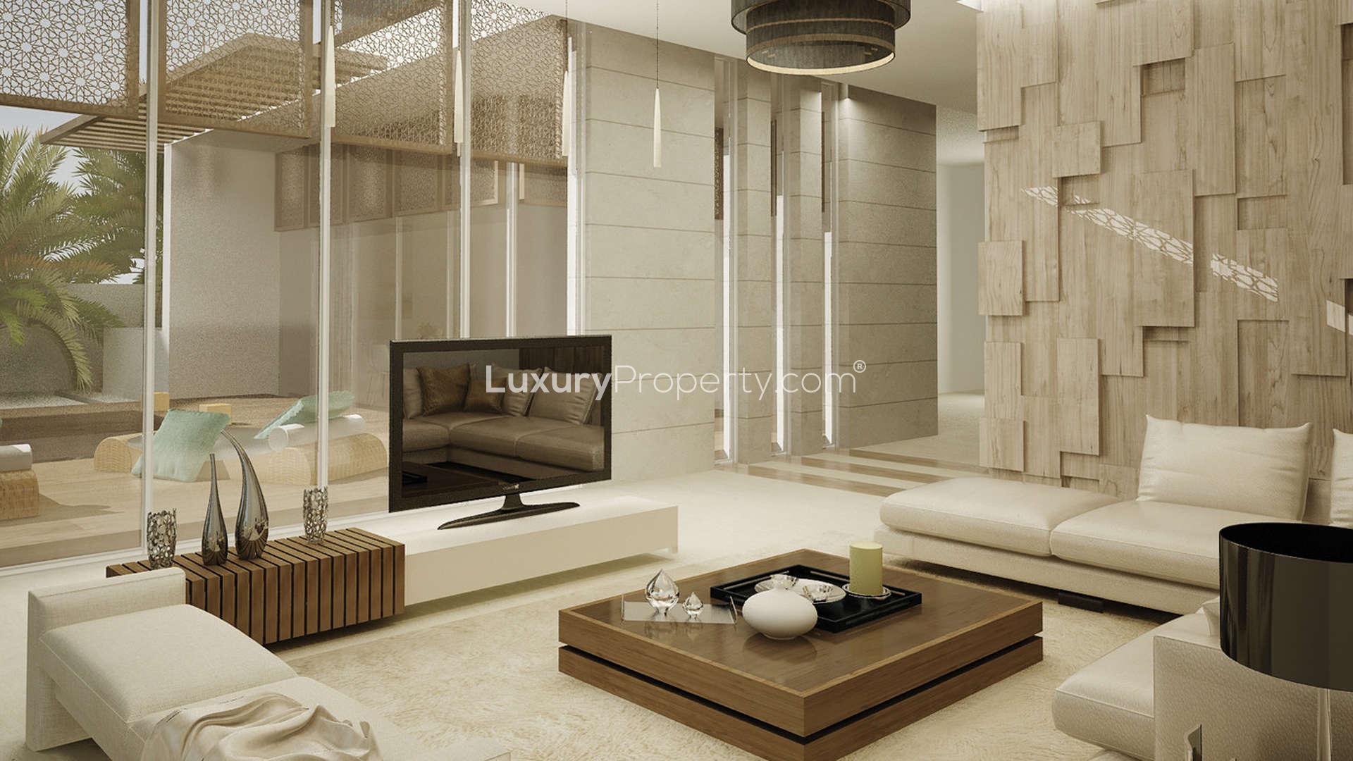 Elegant living room in six-bedroom beach villa at Nudra, Saadiyat Island for sale