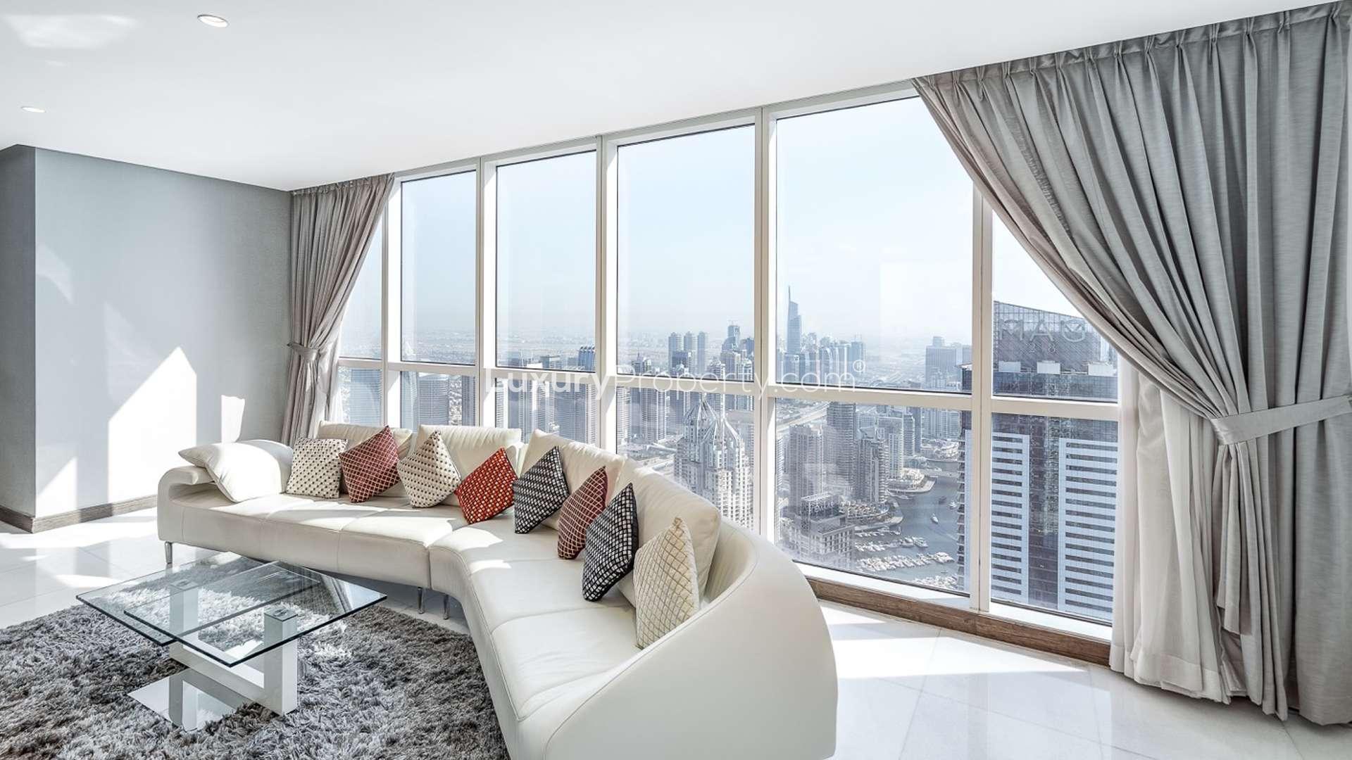 Elegant living room with city views in 23 Marina Tower, Dubai Marina apartment