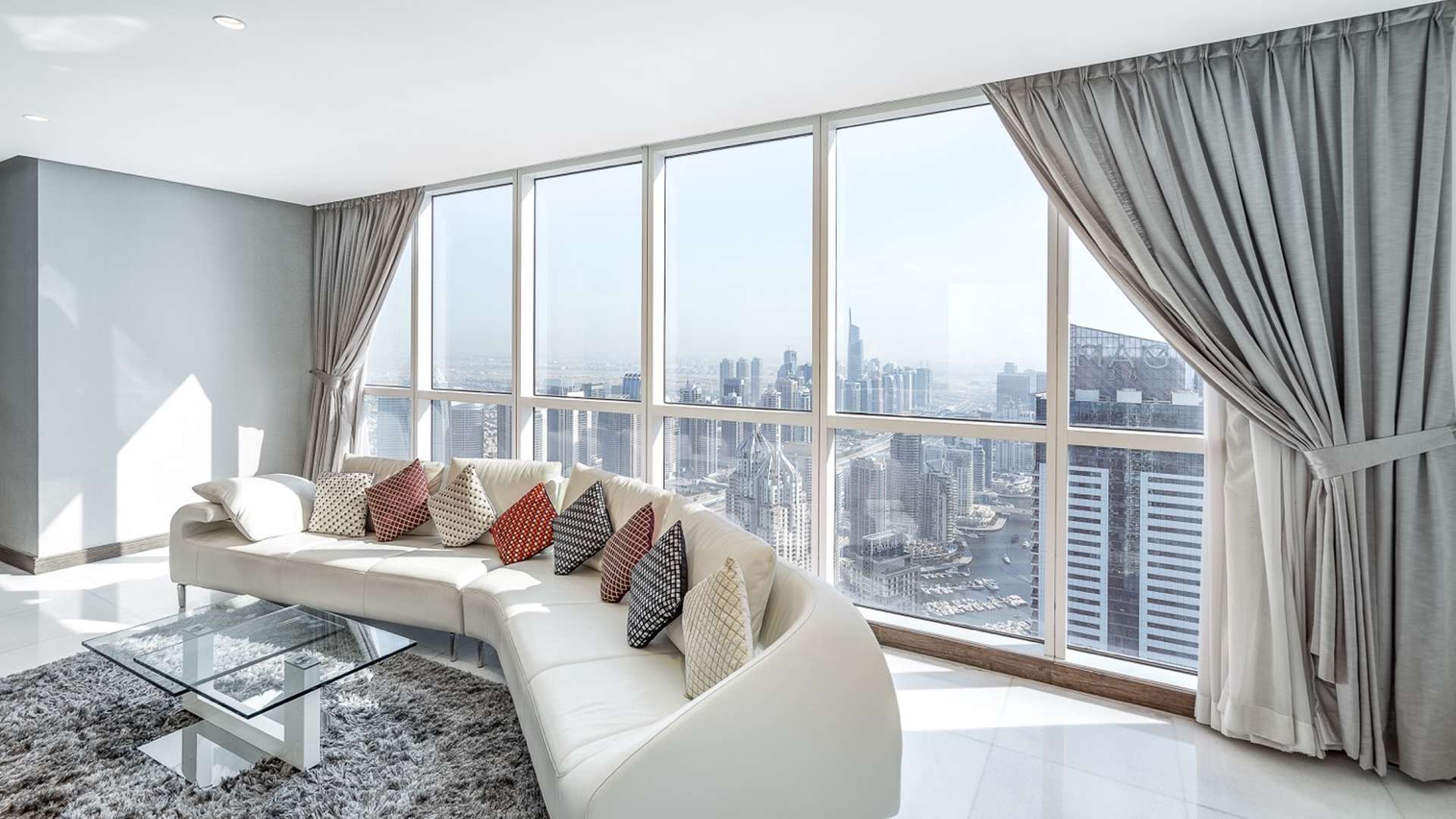 Elegant living room with city views in 23 Marina Tower, Dubai Marina apartment