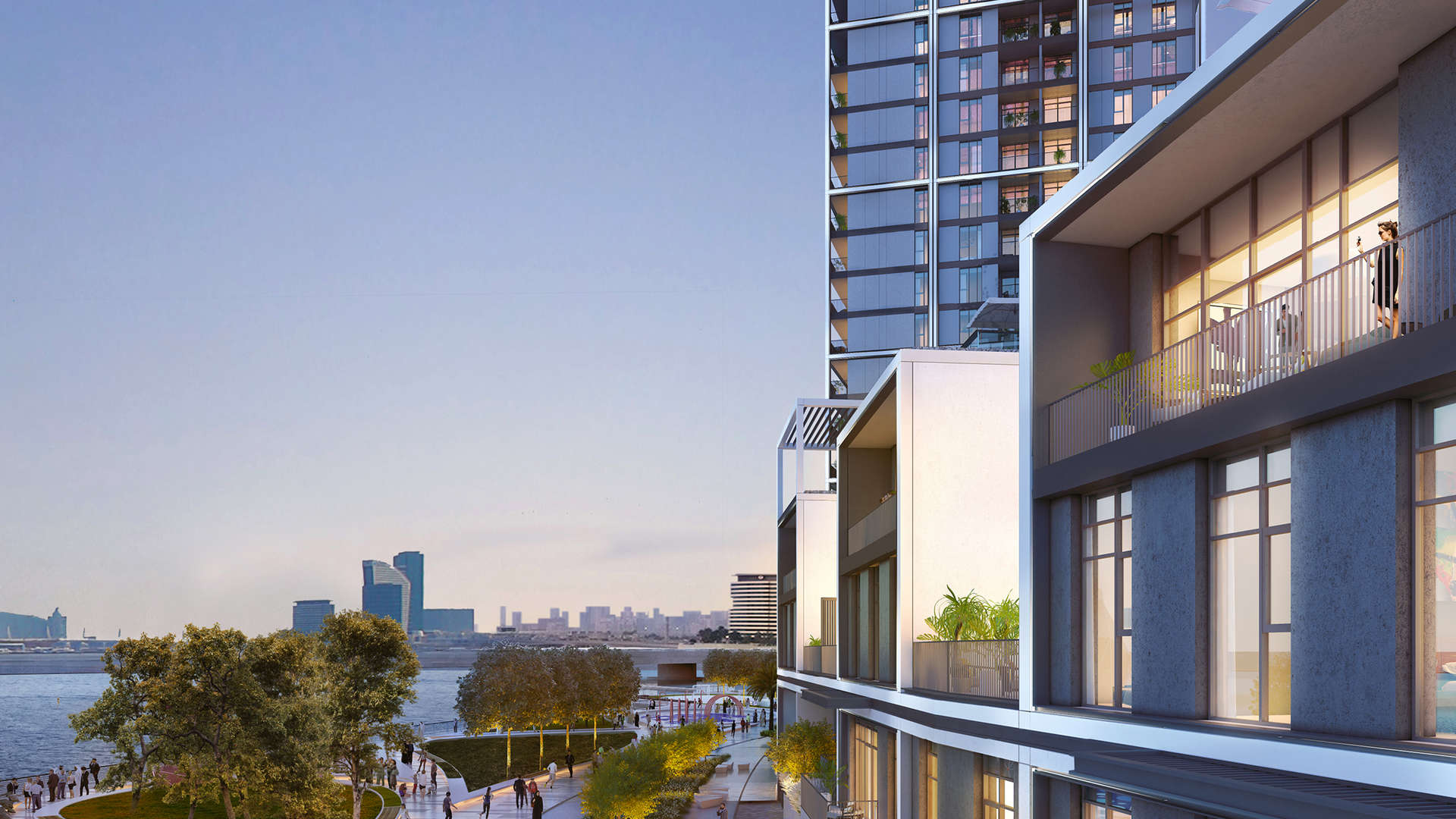 "Modern three-bedroom villa exterior at Creek Edge, Dubai Creek Harbour, with lush greenery.",Beautiful waterfront villa exterior with balconies in Dubai Creek Harbour, Creek Edge community