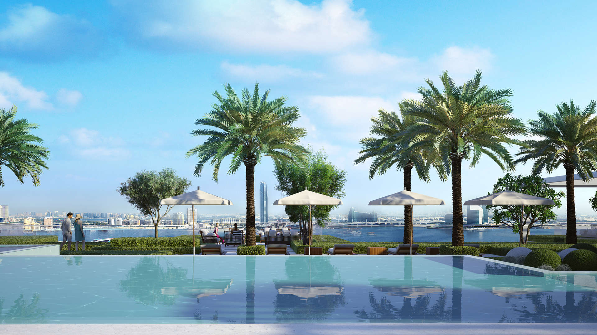 Waterfront villa view with pool, palm trees, and Dubai skyline in Creek Edge, Dubai Creek Harbour