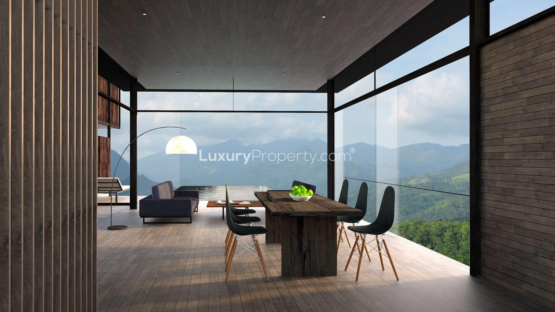 Hilltop villa dining area with panoramic mountain views at Santani Residences, Werapitiya Kandy