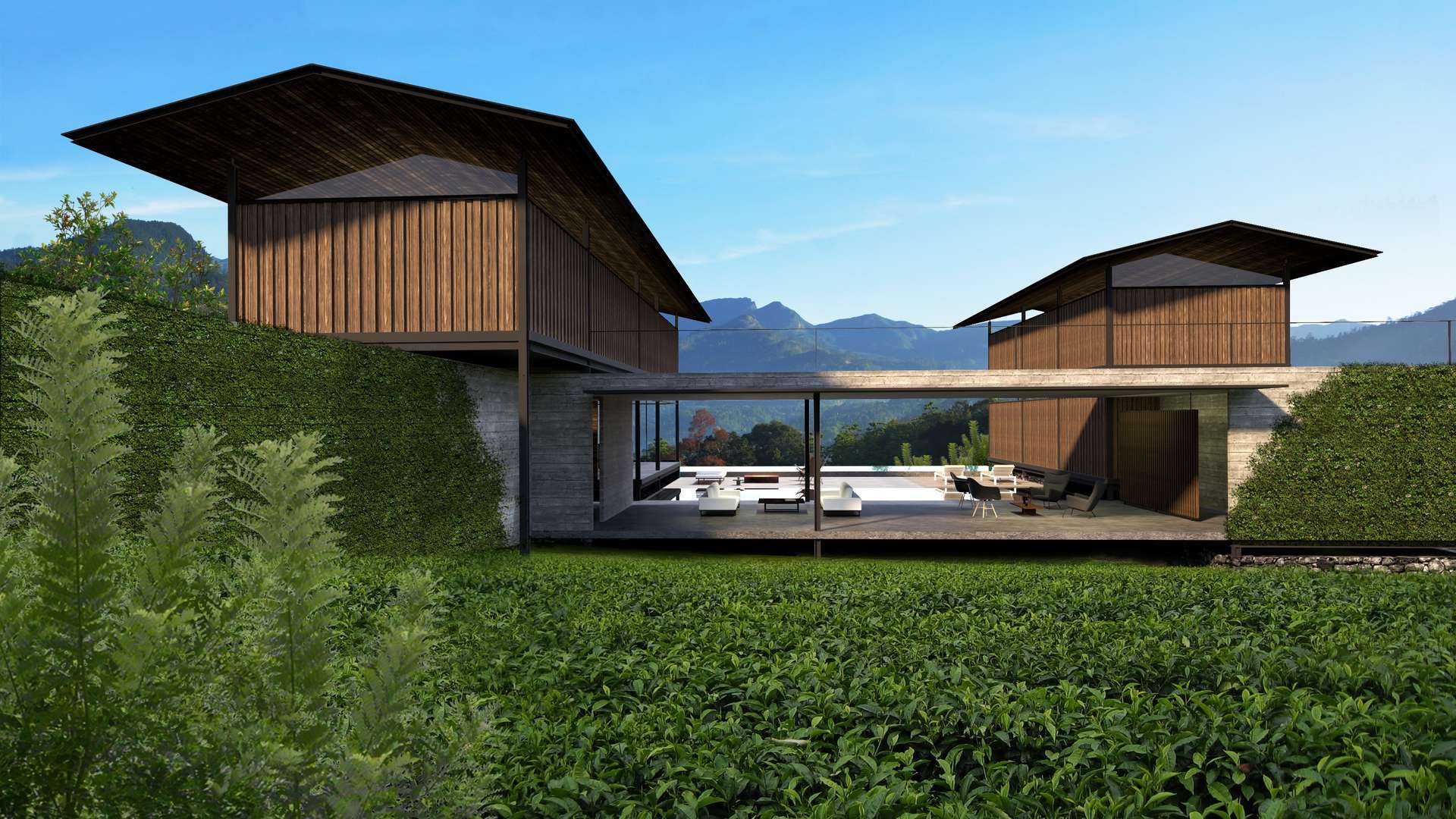 Modern open-plan villa living area with stunning mountain views, Santani Residences, Kandy