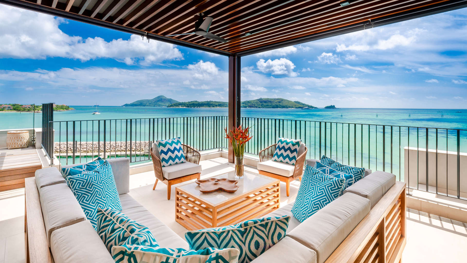 Luxurious four-bedroom penthouse living area with ocean view in Pangia Beach, Mahe