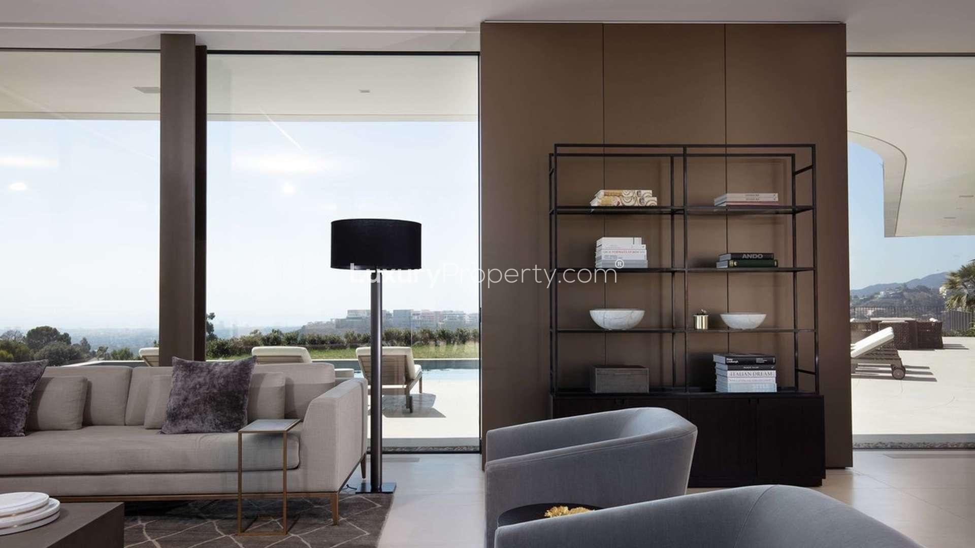 Luxurious living room in nine-bedroom Bel Air villa with stunning views, modern decor