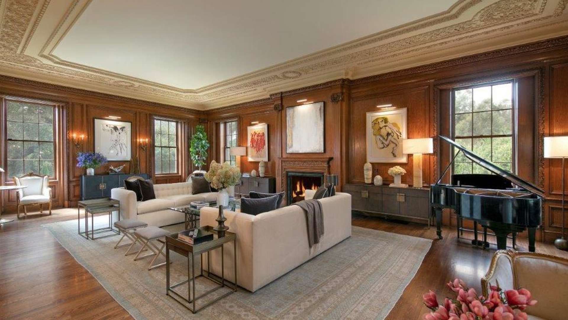 Luxurious living room in Holmby Hills villa with grand piano and elegant decor