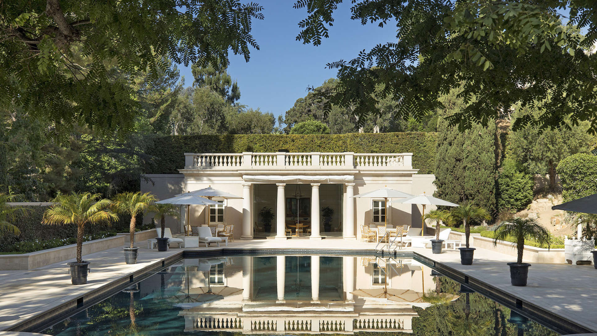 Elegant garden fountain at Chartwell estate, Bel Air villa for sale, Los Angeles