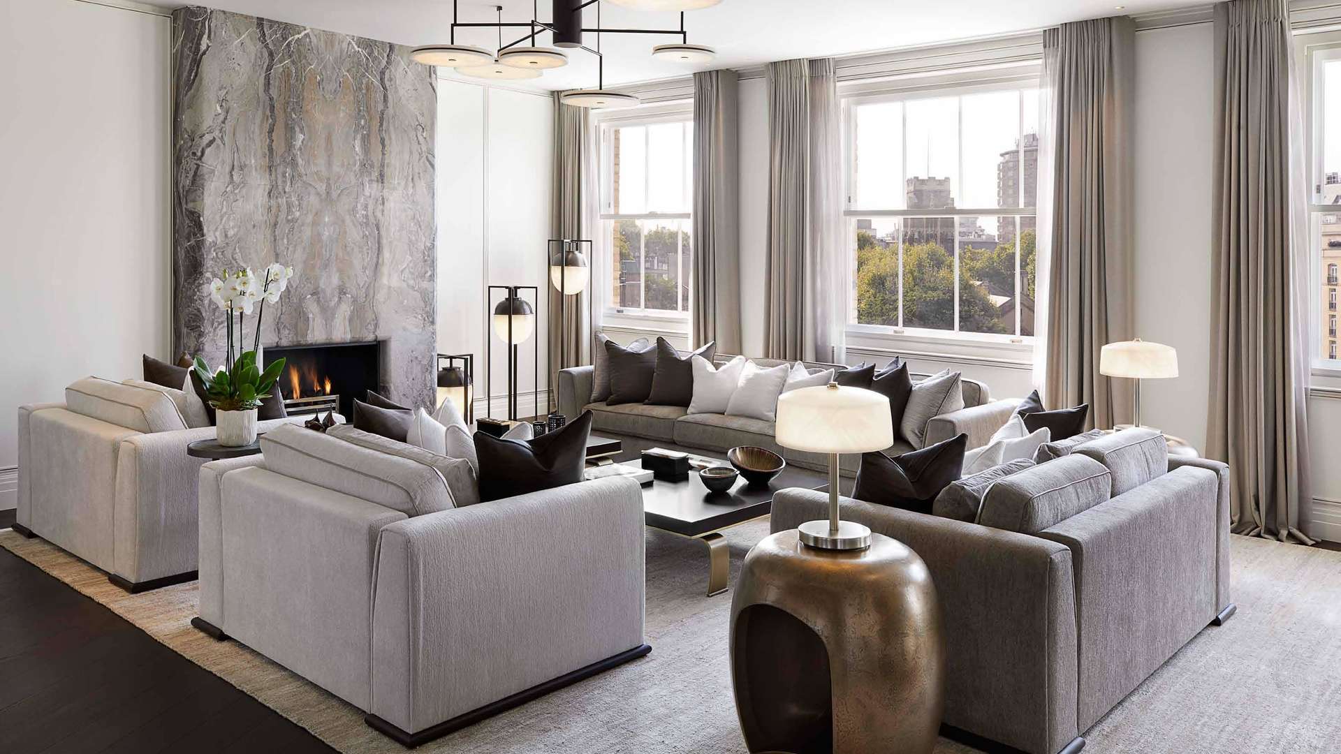 Luxurious living room in Mayfair penthouse with elegant decor and spacious seating area